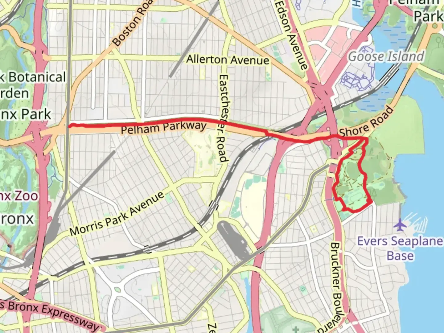 An image depicting the trail Pelham Bay Park Loop and its surrounding area.