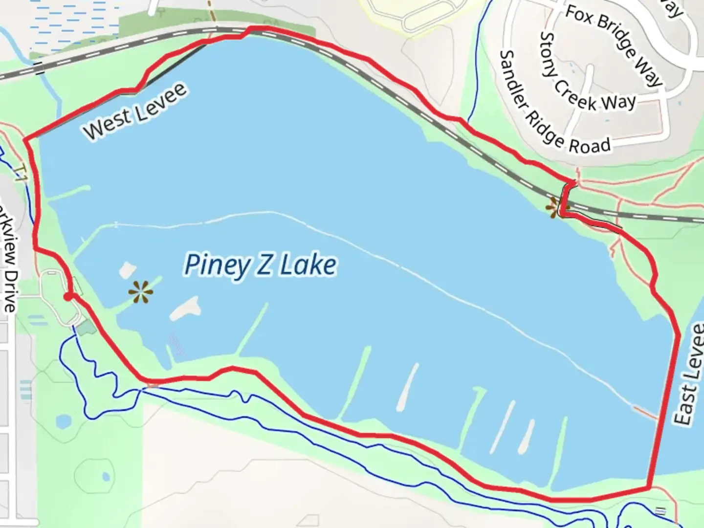 An image depicting the trail Piney Z Lake Loop and its surrounding area.