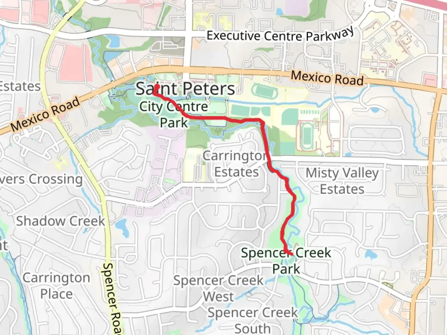An image depicting the trail Spencer Creek Park via City Centre Trail and its surrounding area.
