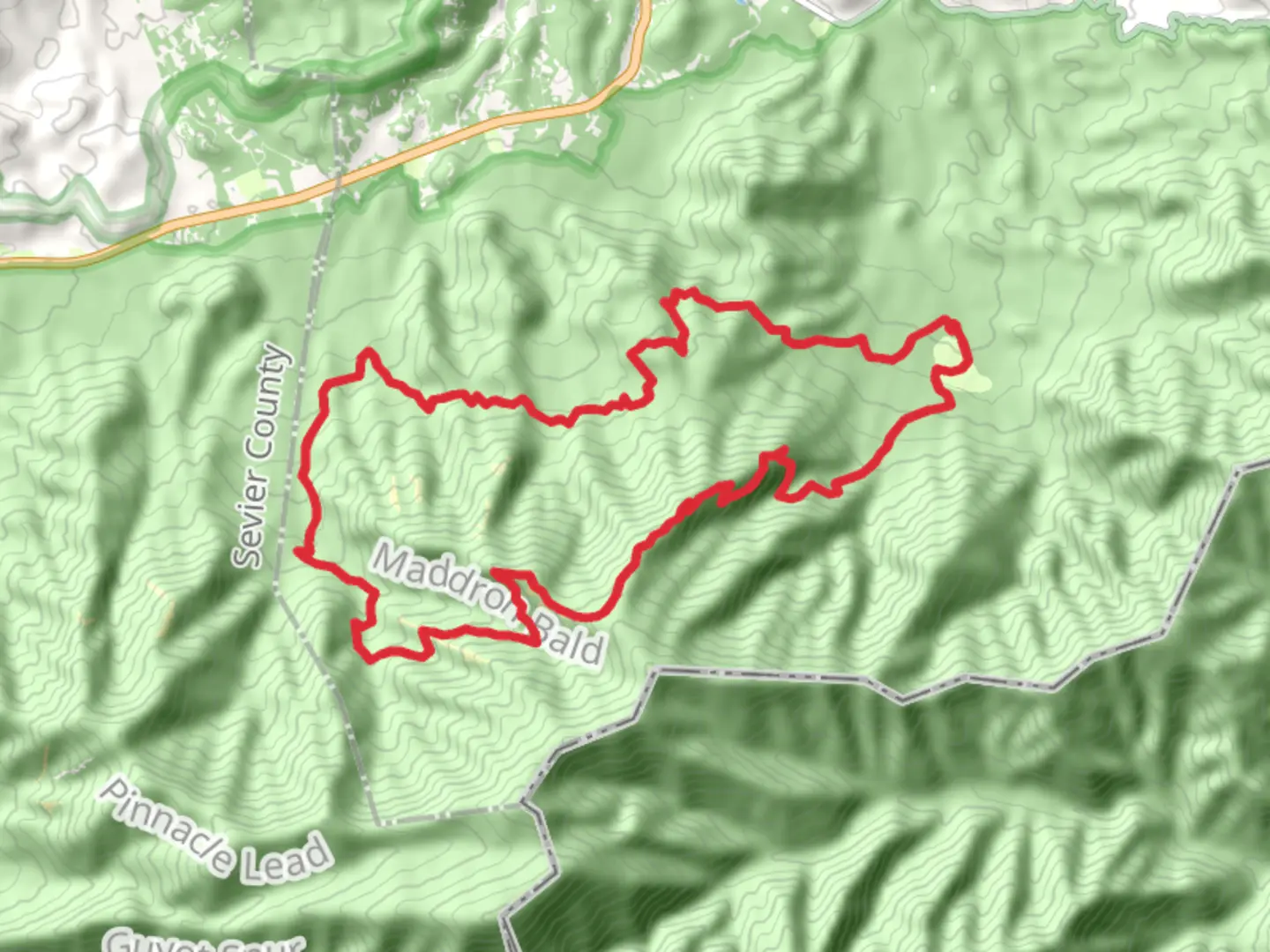 An image depicting the trail Gabes Mountain Trail, Maddron Bald Trail and Snake Den Mountain Loop and its surrounding area.