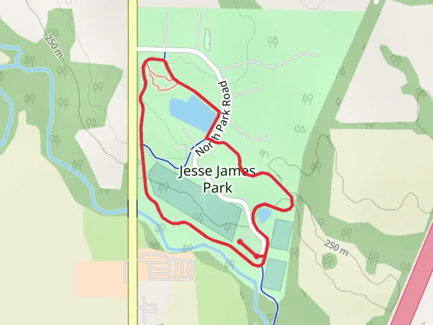 An image depicting the trail Jesse James Park Loop and its surrounding area.