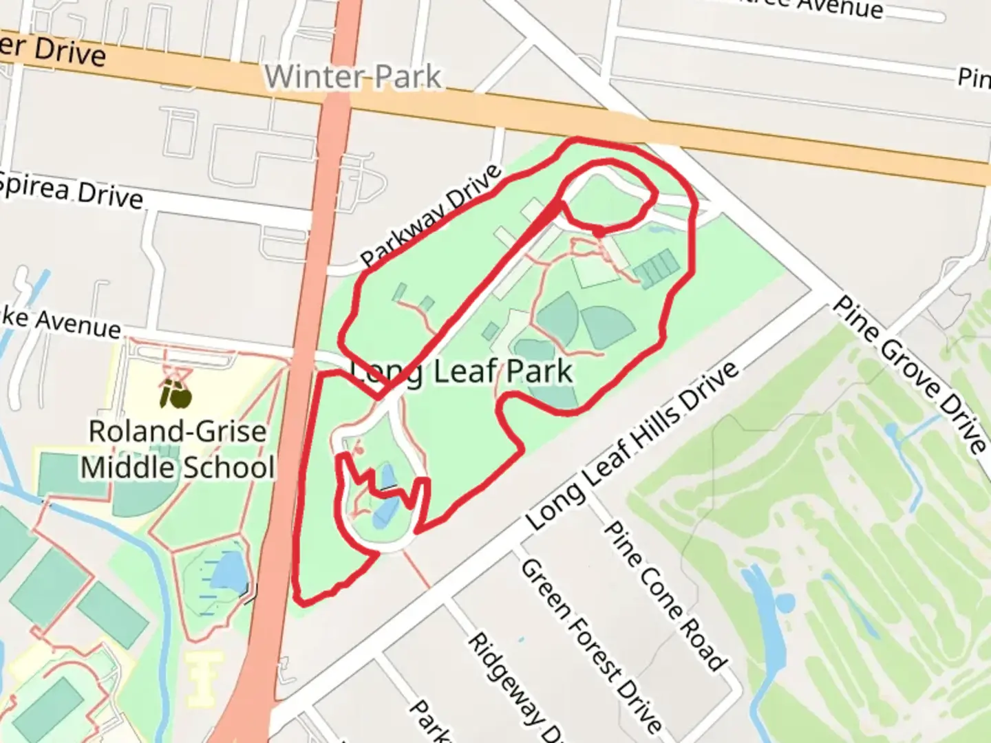 An image depicting the trail Long Leaf Park Loop and its surrounding area.