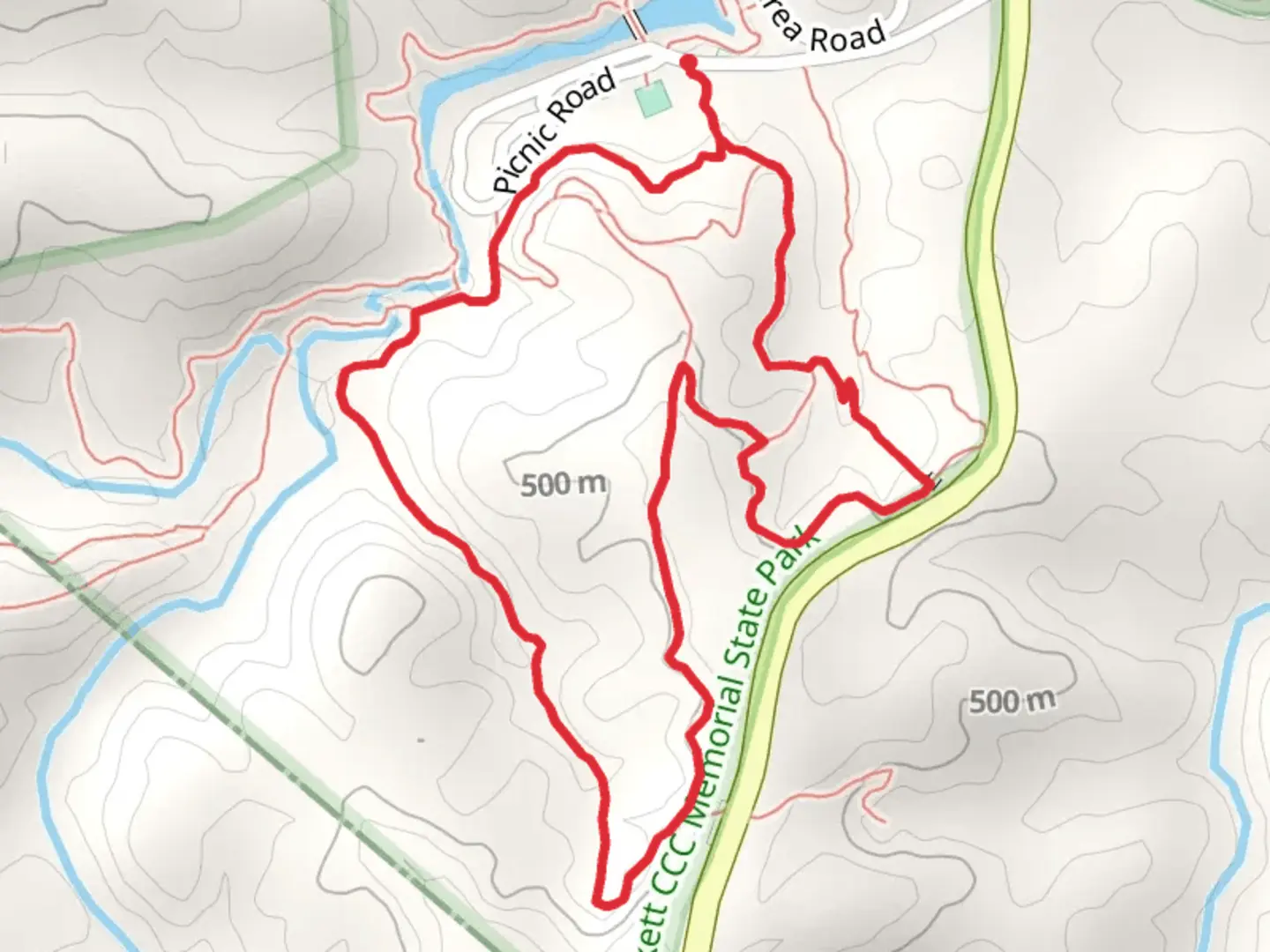 An image depicting the trail Natural Bridge Trail and Hazard Cave Trail Loop and its surrounding area.