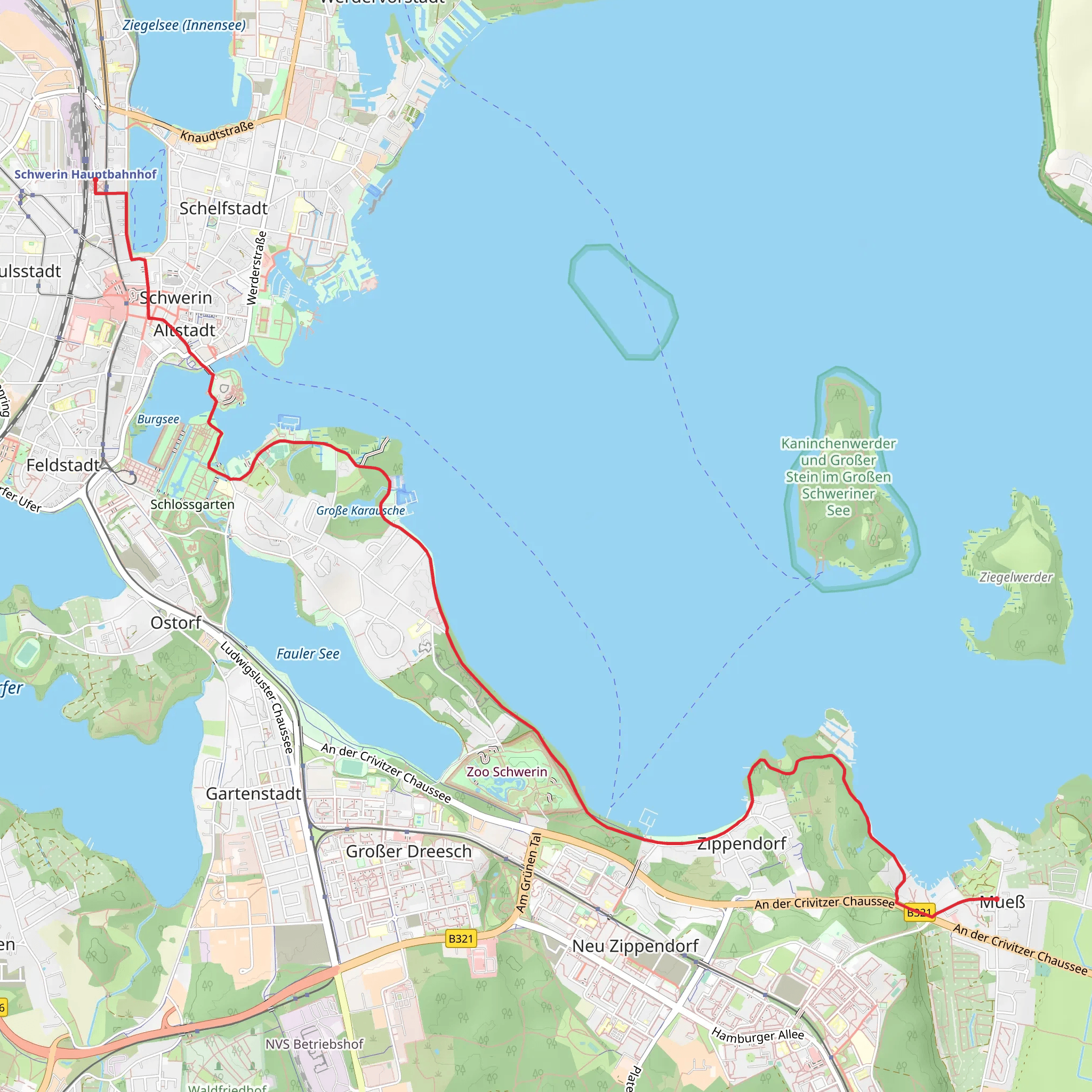 Hauptbahnhof to Mueß via Burgsee and Pfaffenteich mobile static map