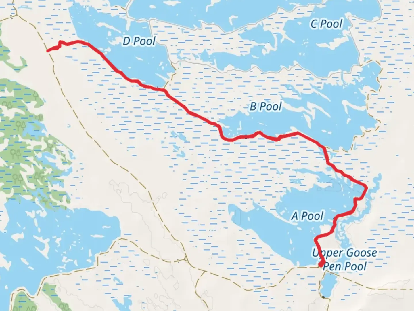 An image depicting the trail Pool A, B and D - D Outfall Road B and its surrounding area.