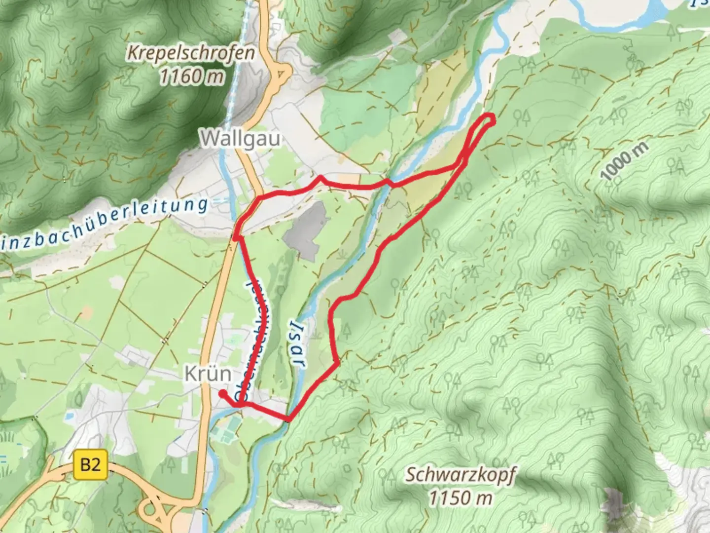 An image depicting the trail Auhutte and River Isar Loop from Krun and its surrounding area.