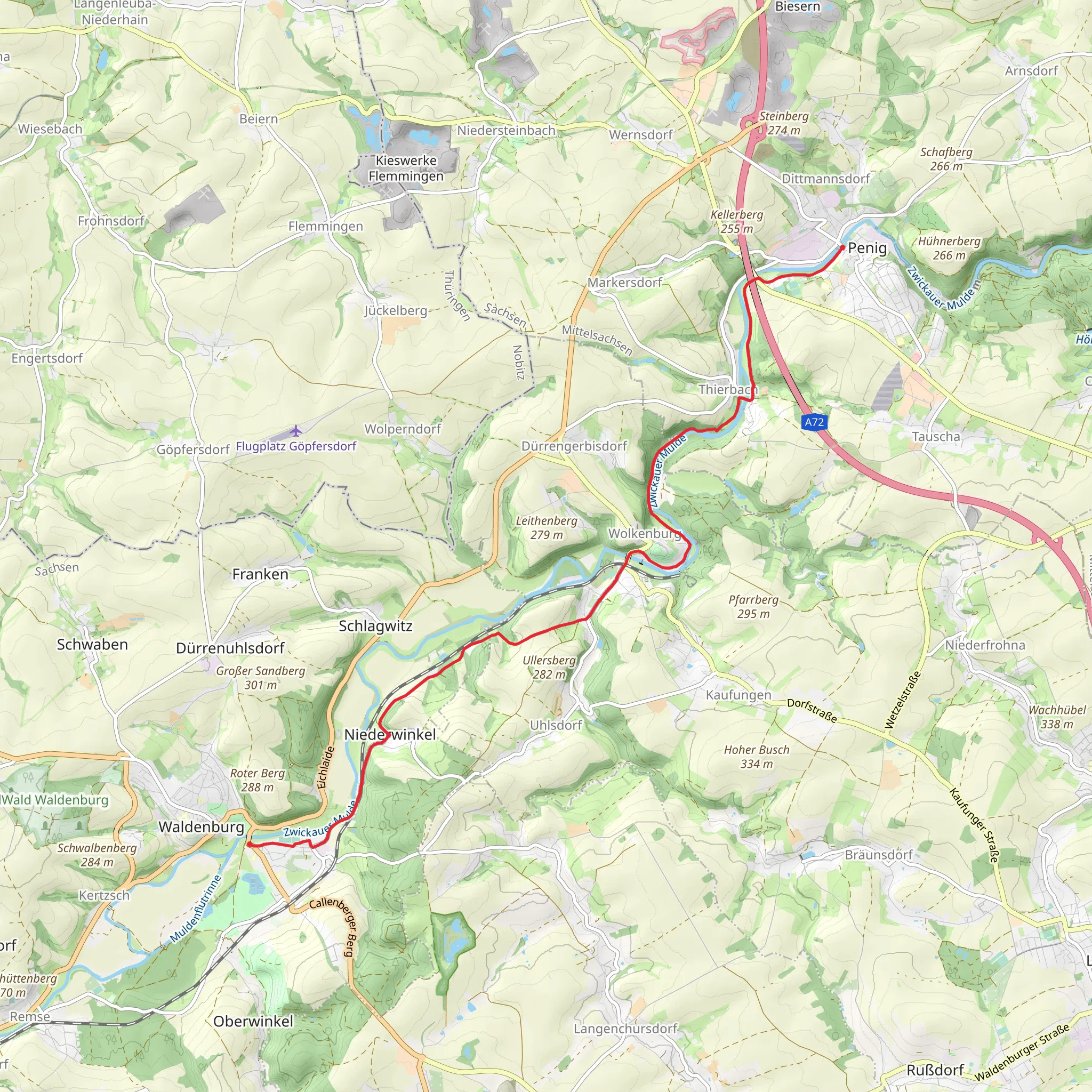 Waldenburg to Penig via Muldentalweg and Zinnberger Straße mobile static map