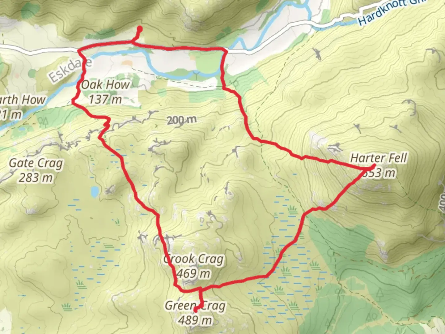 An image depicting the trail YHA Eskdale - Harter Fell & Green Crag and its surrounding area.