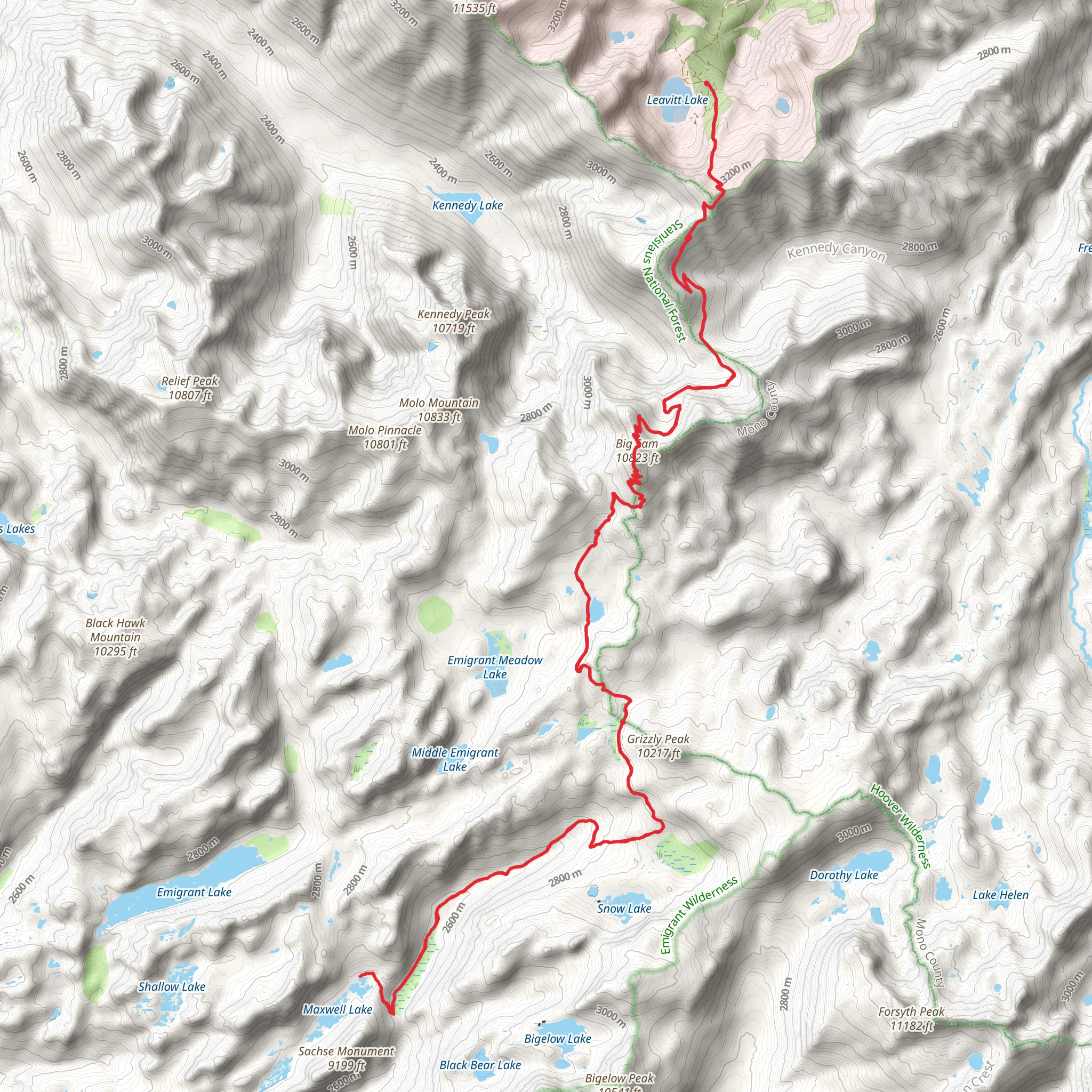 High Emigrant Lake and Maxwell Lake via Horse Meadow Trail mobile static map