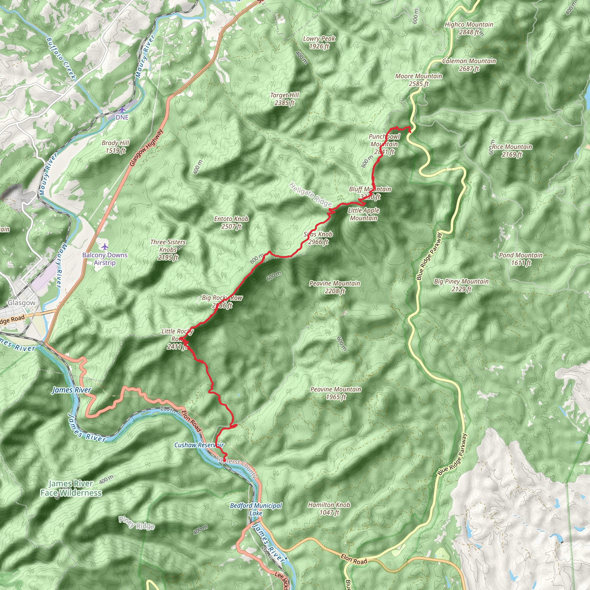 Big Rocky Row, Bluff Mountain and Punchbowl Mountain via Appalachian Trail mobile static map