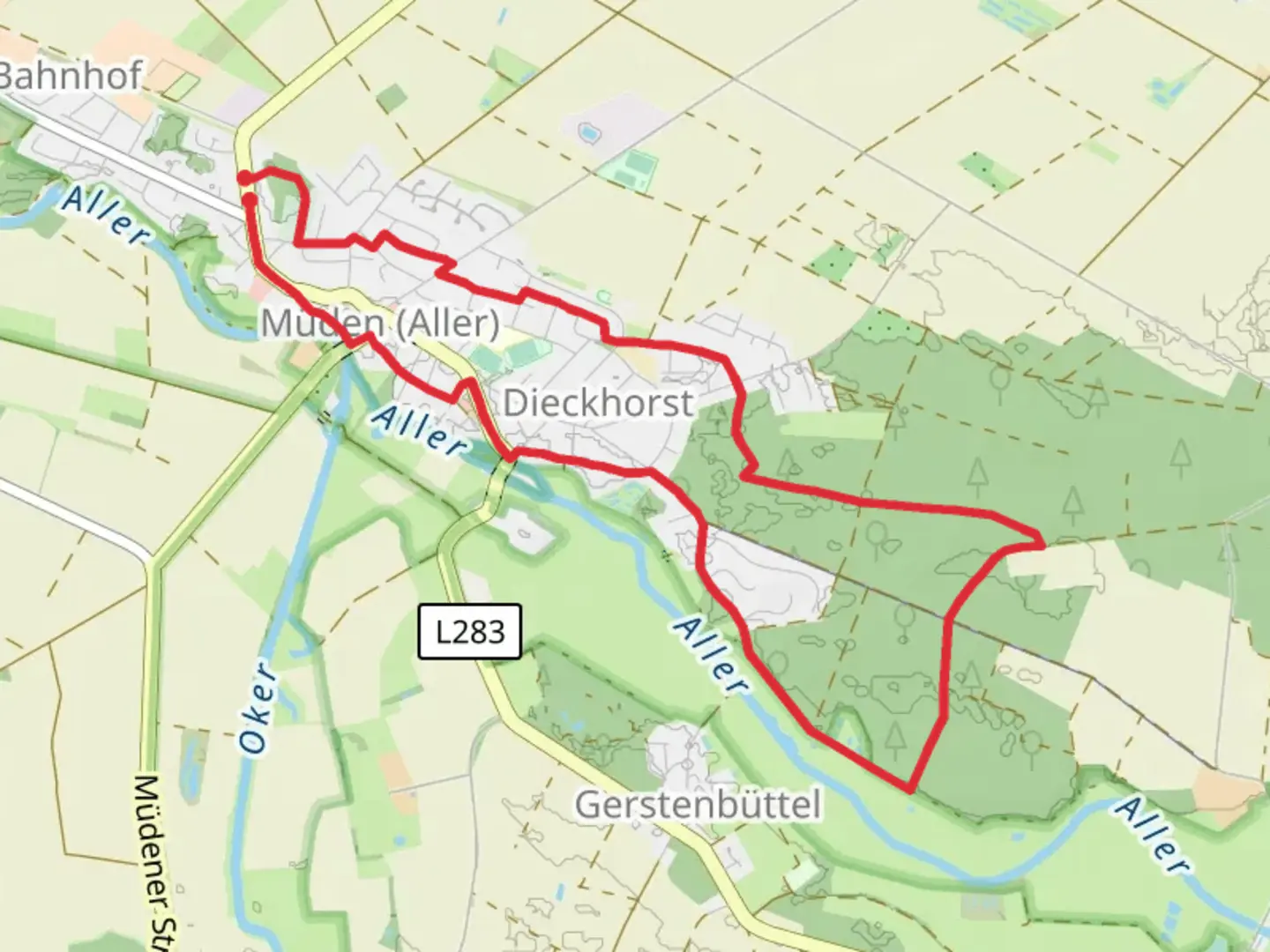 An image depicting the trail Rundwanderweg Aller Oker Aue Loop and its surrounding area.