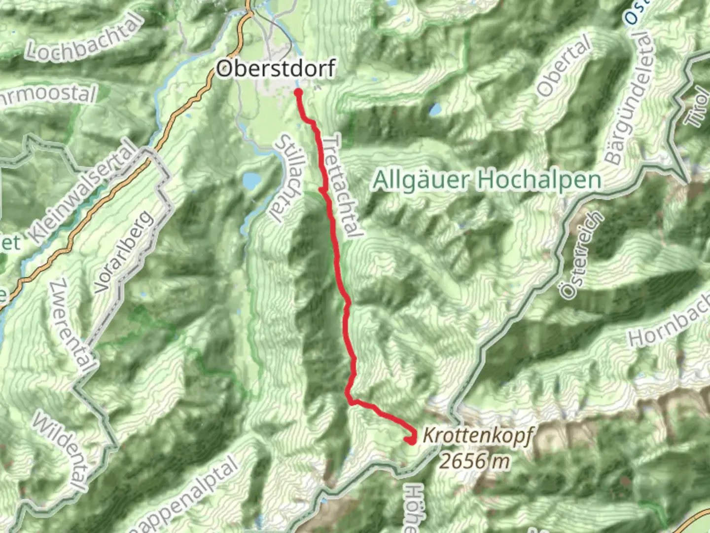 An image depicting the trail Kemptner Hütte to Muehlenbruecke Via Alpina Yellow and Red Trail and its surrounding area.