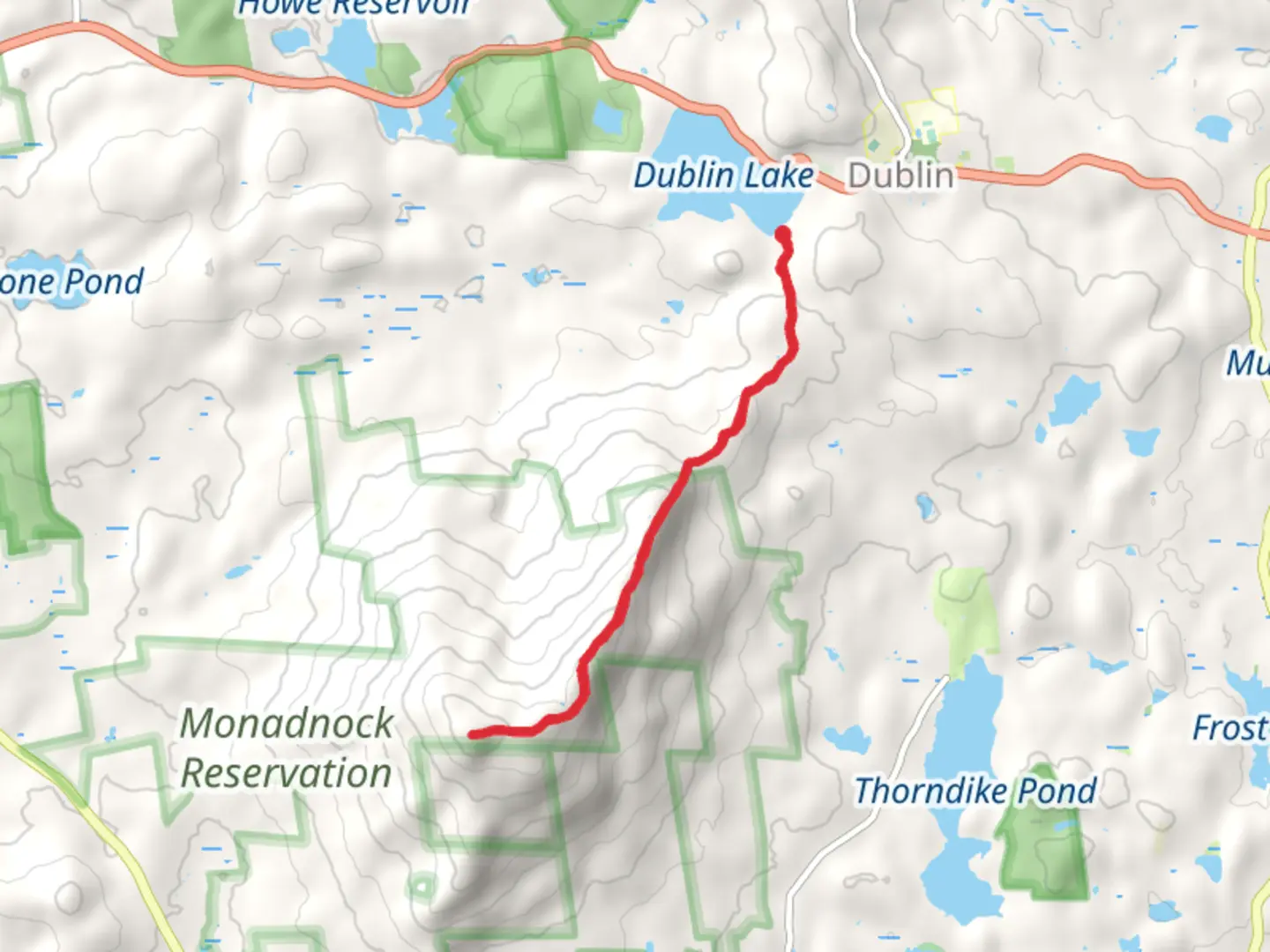 An image depicting the trail Mount Monadnock Trail from Dublin Lake and its surrounding area.