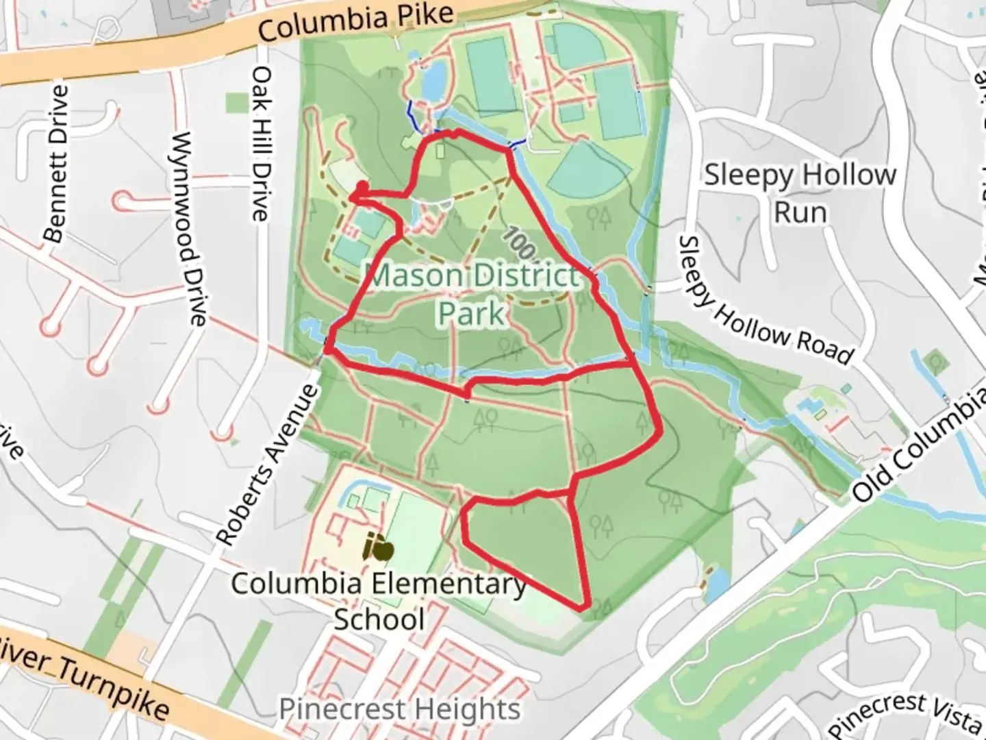 An image depicting the trail Mason District Park Loop and its surrounding area.