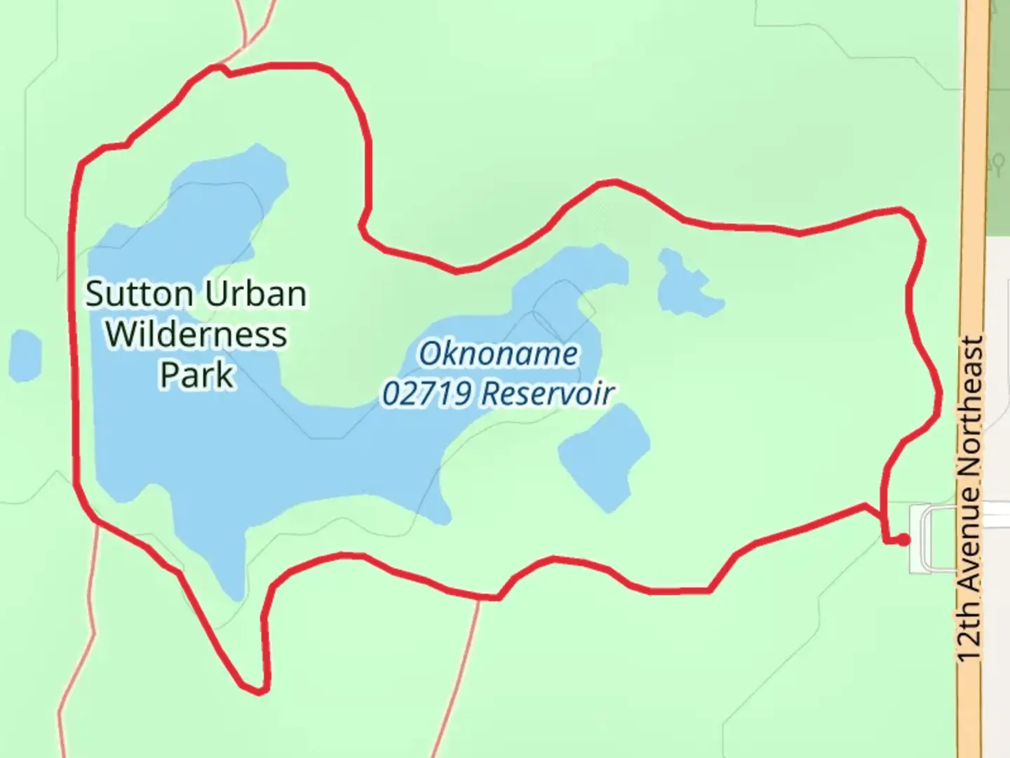 An image depicting the trail Oknoname Reservoir - Sutton Wilderness Perimeter Loop Path and its surrounding area.