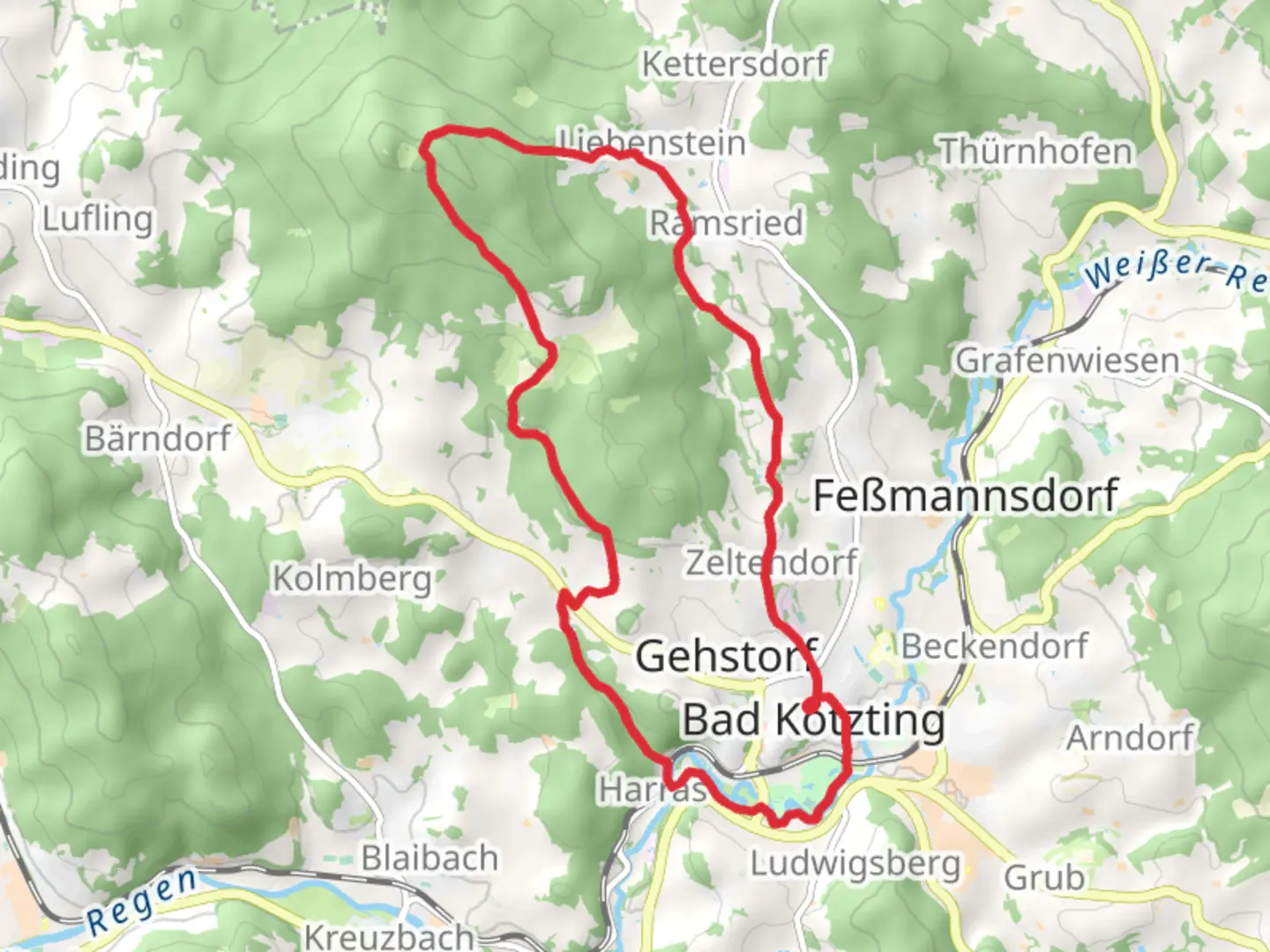 An image depicting the trail Bad Kotzting and Libenstein Loop and its surrounding area.