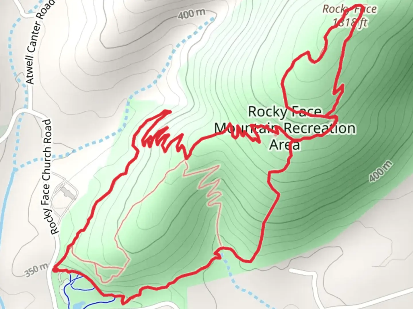 An image depicting the trail Grindstone Trail, Hollow Rock Trail and Prison Camp Trail Loop and its surrounding area.