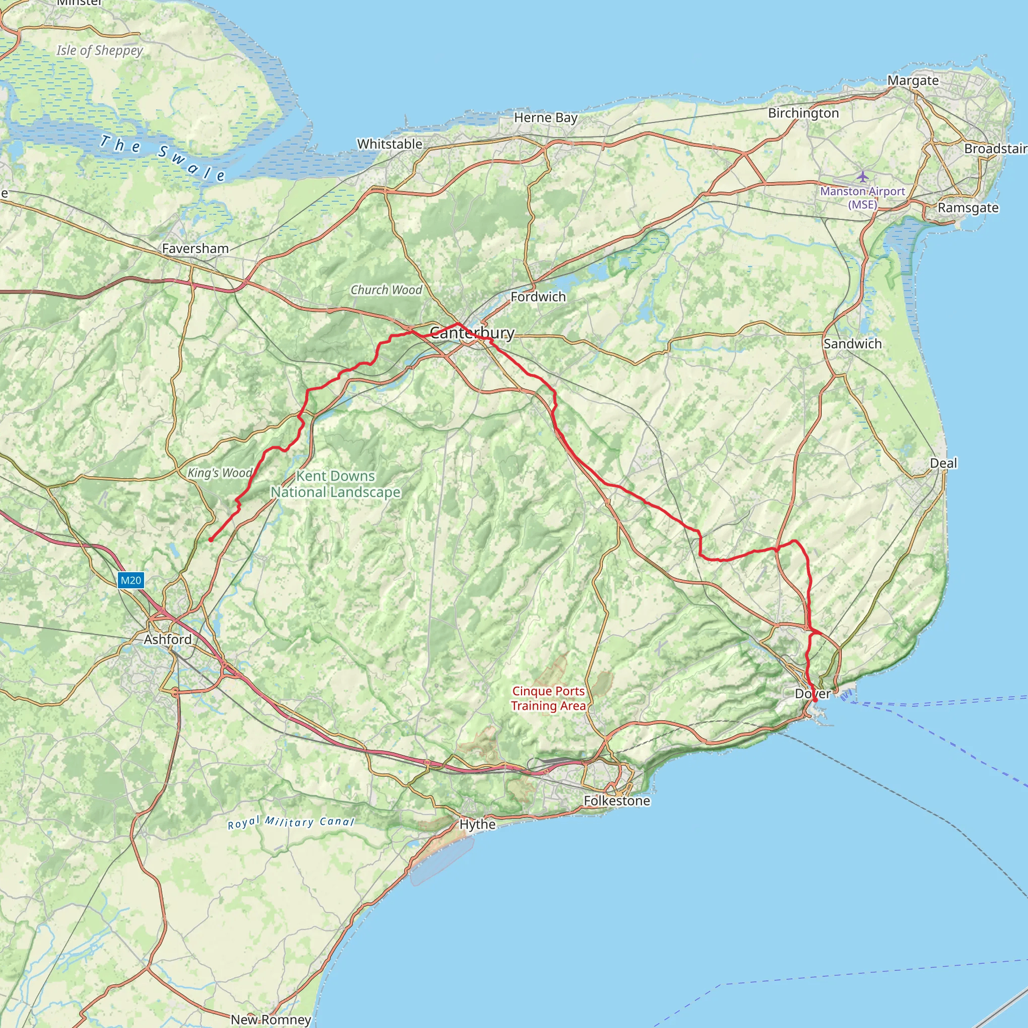 Boughton Lees to Dover via North Downs Way mobile static map