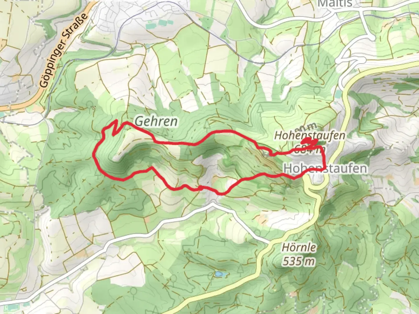 An image depicting the trail Hohenstaufen via Nebenlinie des Sav and its surrounding area.
