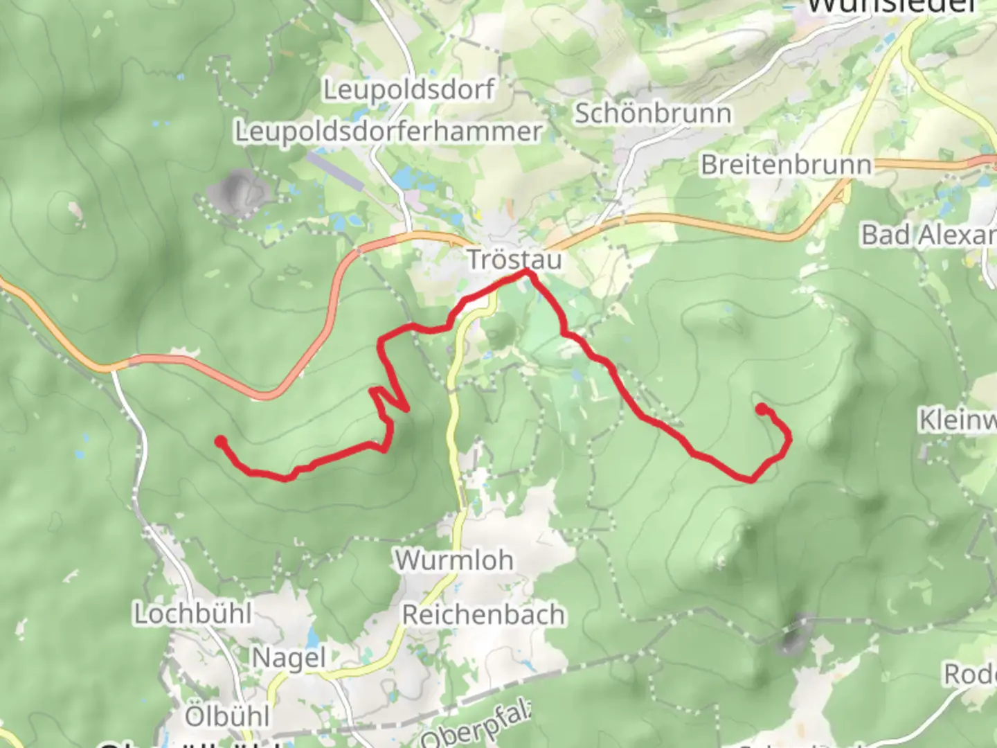 An image depicting the trail Girgelthoehle to Haberstein via Troestau and its surrounding area.