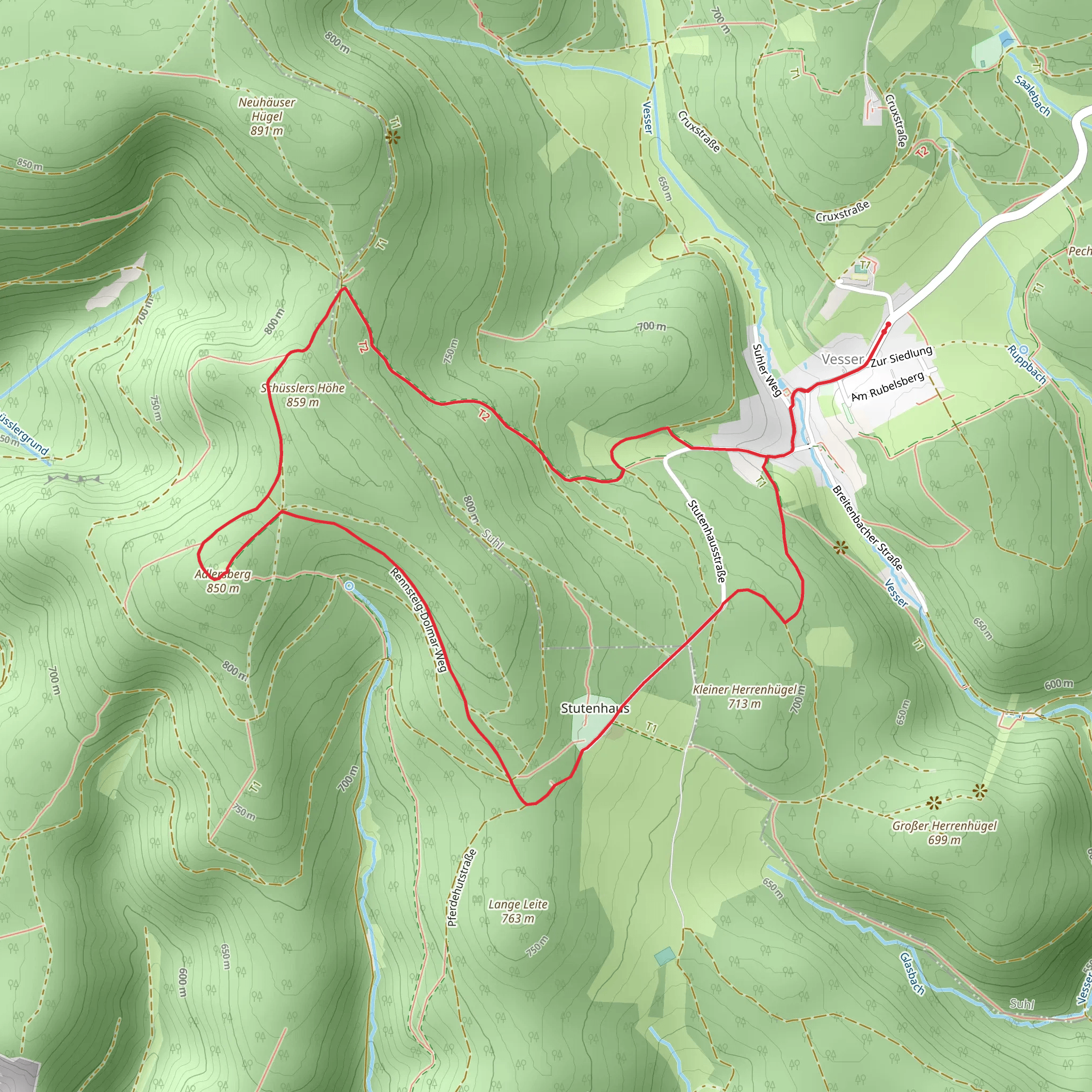 Schüsslers Höhe and Adlersberg Loop via Rundwanderweg Vessertal mobile static map