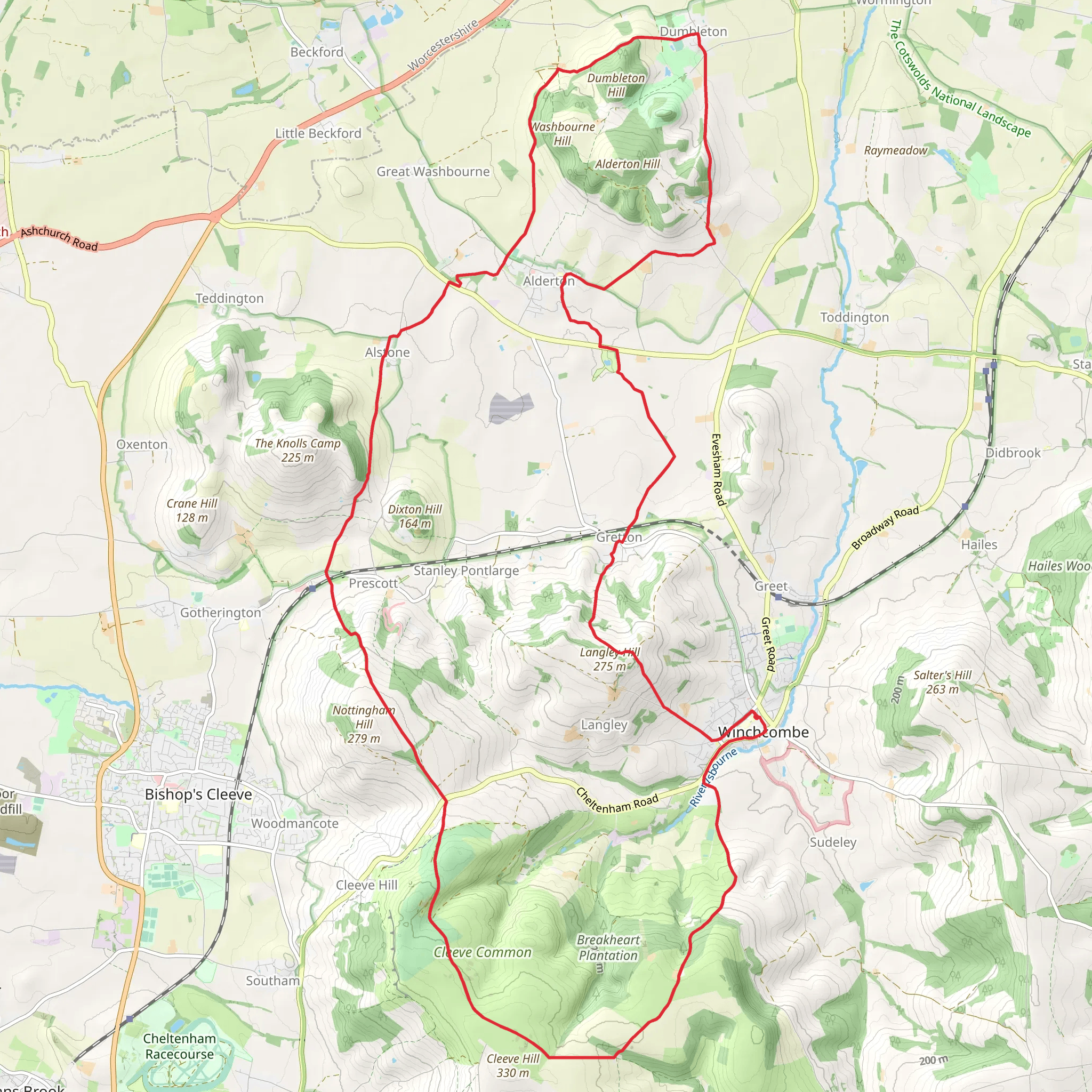 Winchcombe and Dumbleton Loop via Langley Hill and Breakheart Plantation mobile static map