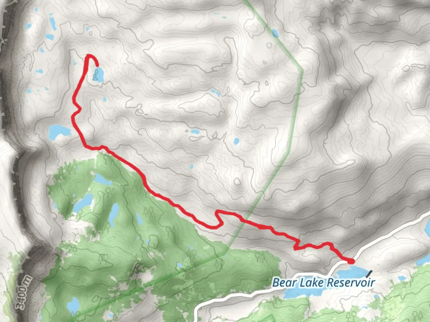 An image depicting the trail Black Mandall and Slide Mandall Lake from Bear Lake Reservoir and its surrounding area.