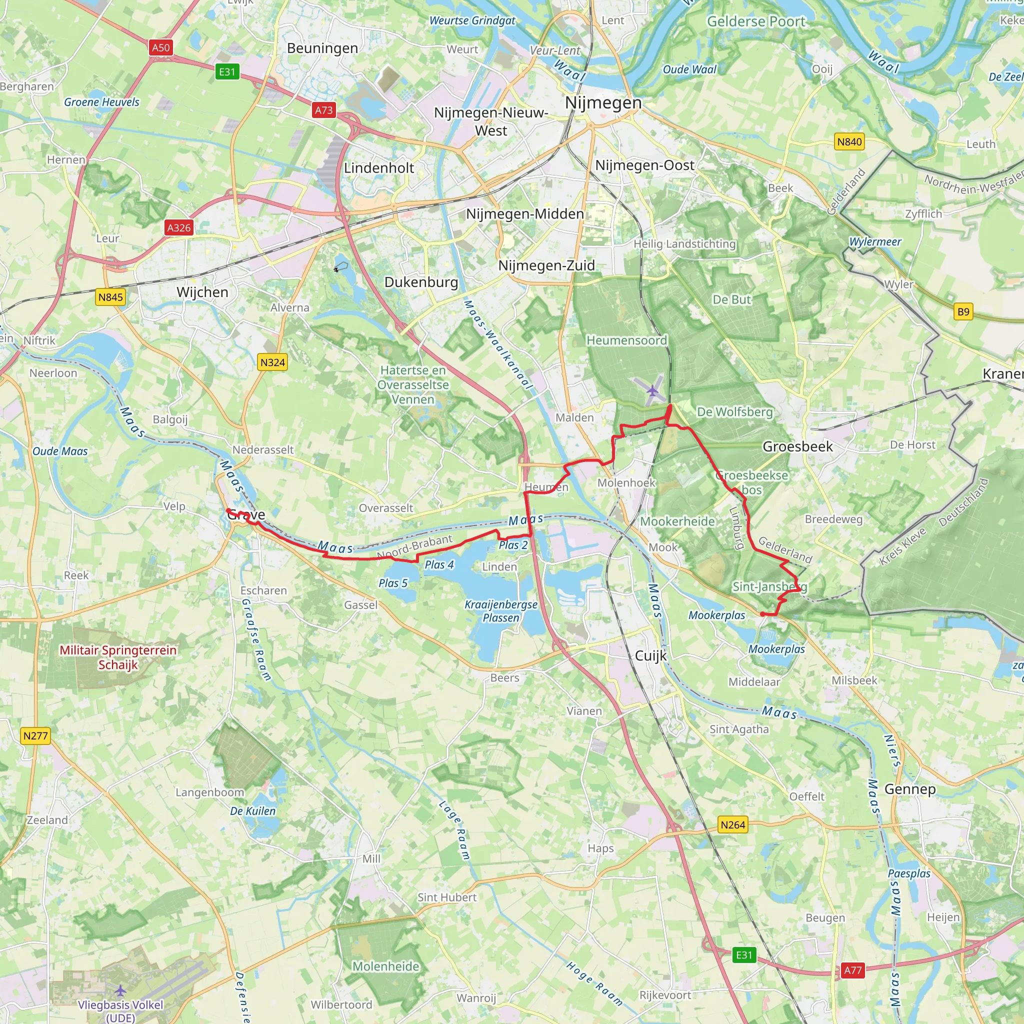 Grave to Rijksweg via Kraaijenbergse and Sint Jansberg mobile static map