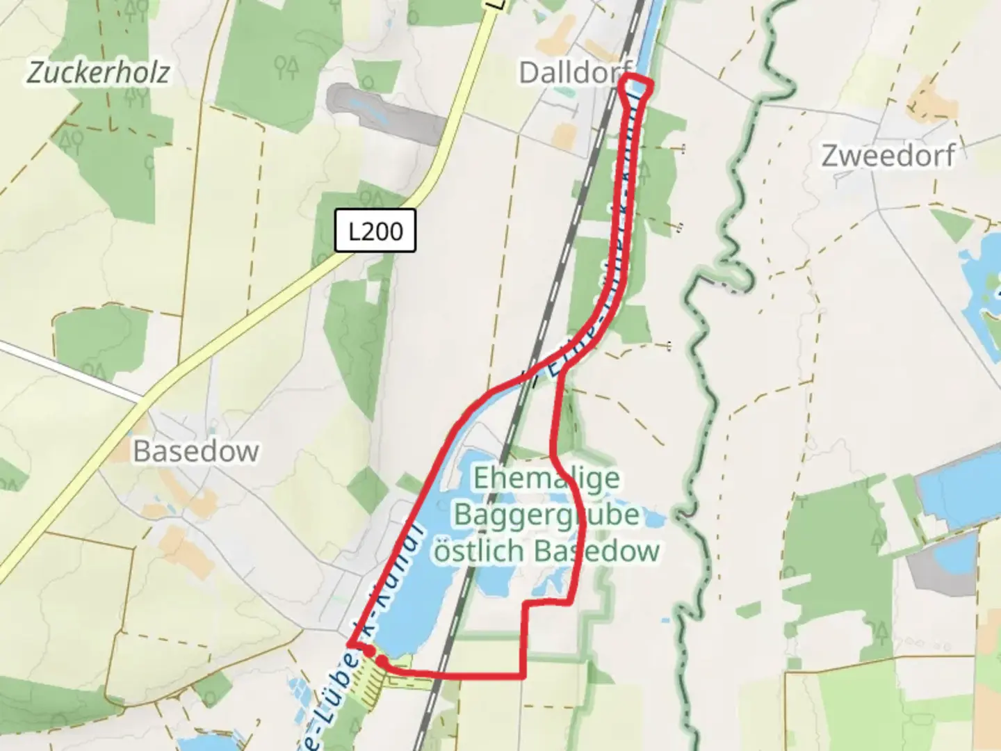 An image depicting the trail Lanzer See and Elbe Lubeck Kanal Loop and its surrounding area.