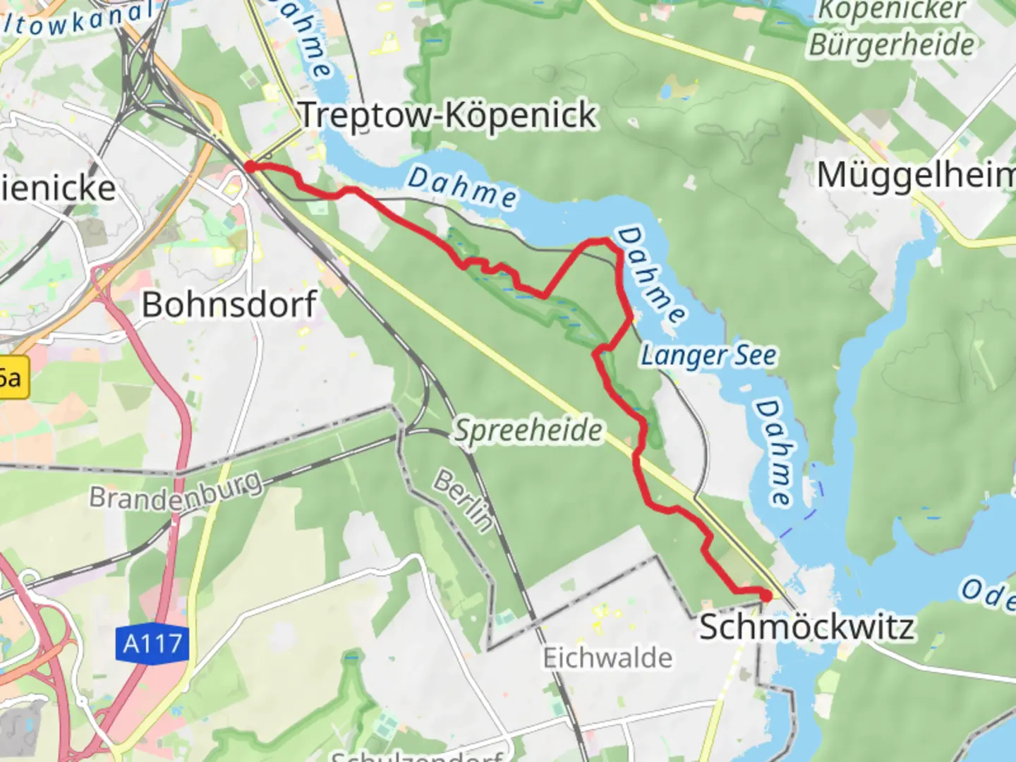 An image depicting the trail Gartenstadt Falkenberg to Schmockwitz via Dahme and Paul Gerhardt Weg and its surrounding area.