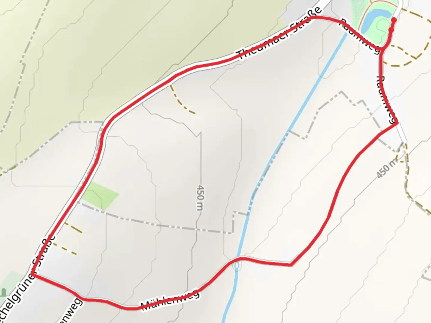 An image depicting the trail Mechelgrüner Straße and Mühlenweg Loop and its surrounding area.