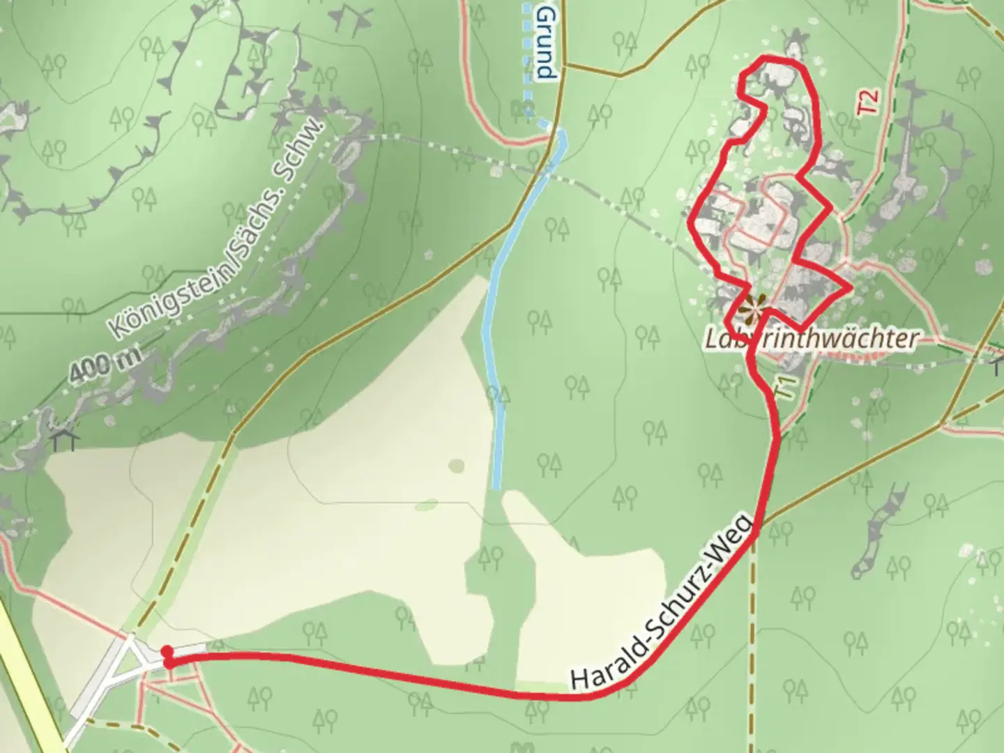 An image depicting the trail Felsenlabyrinth and Labyrinthwaechter viaGruener Punkt and its surrounding area.