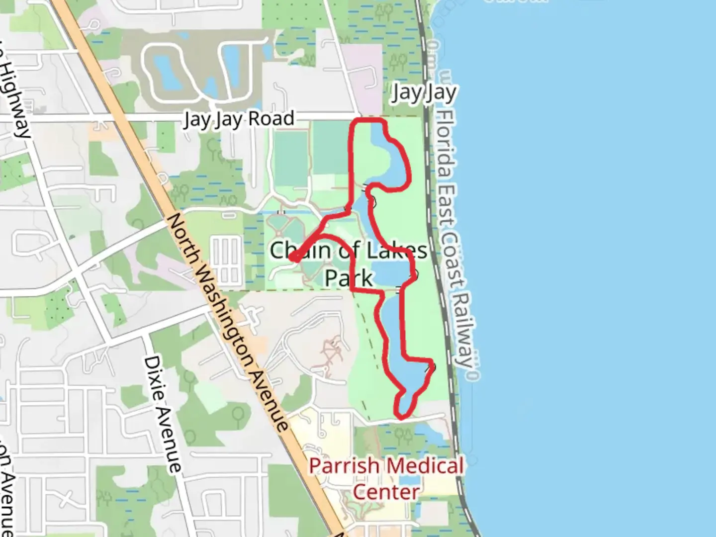An image depicting the trail Chain of Lakes Park Loop and its surrounding area.