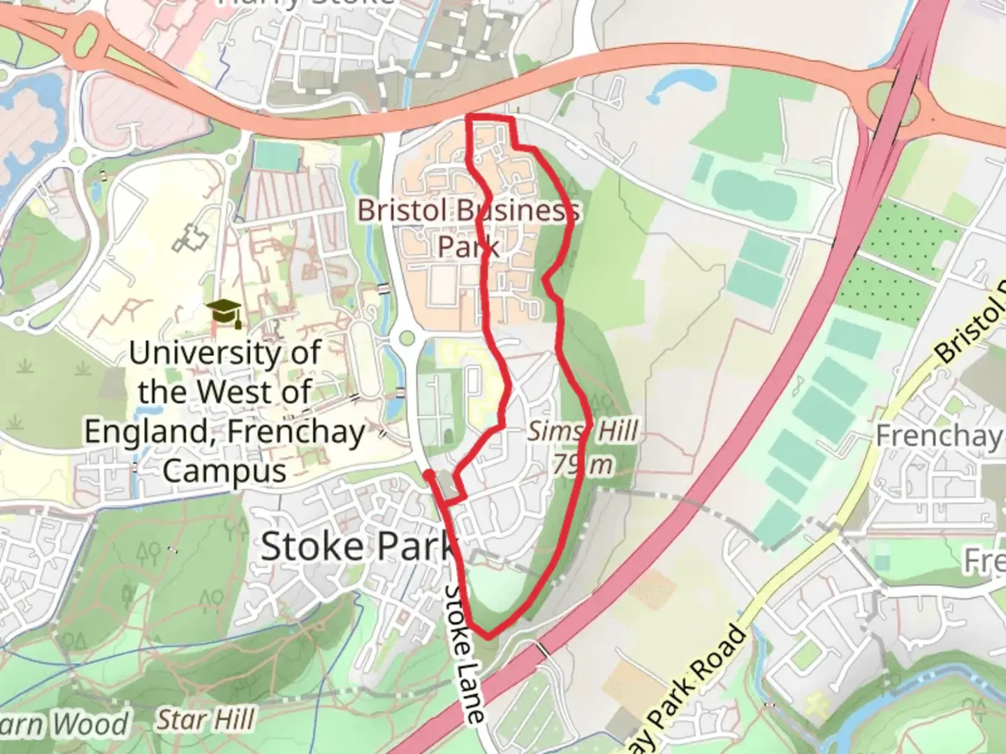 An image depicting the trail Sims Hill Loop and its surrounding area.