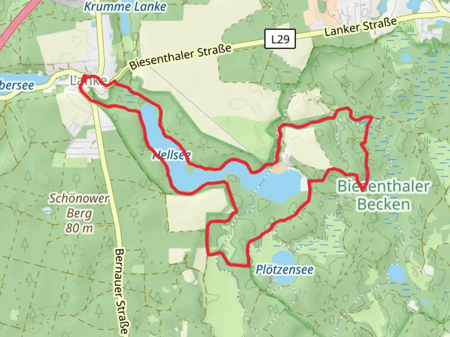 An image depicting the trail Hellsee via 66 Seen Wanderweg and Roter Balken Bernau - Altenhof and its surrounding area.