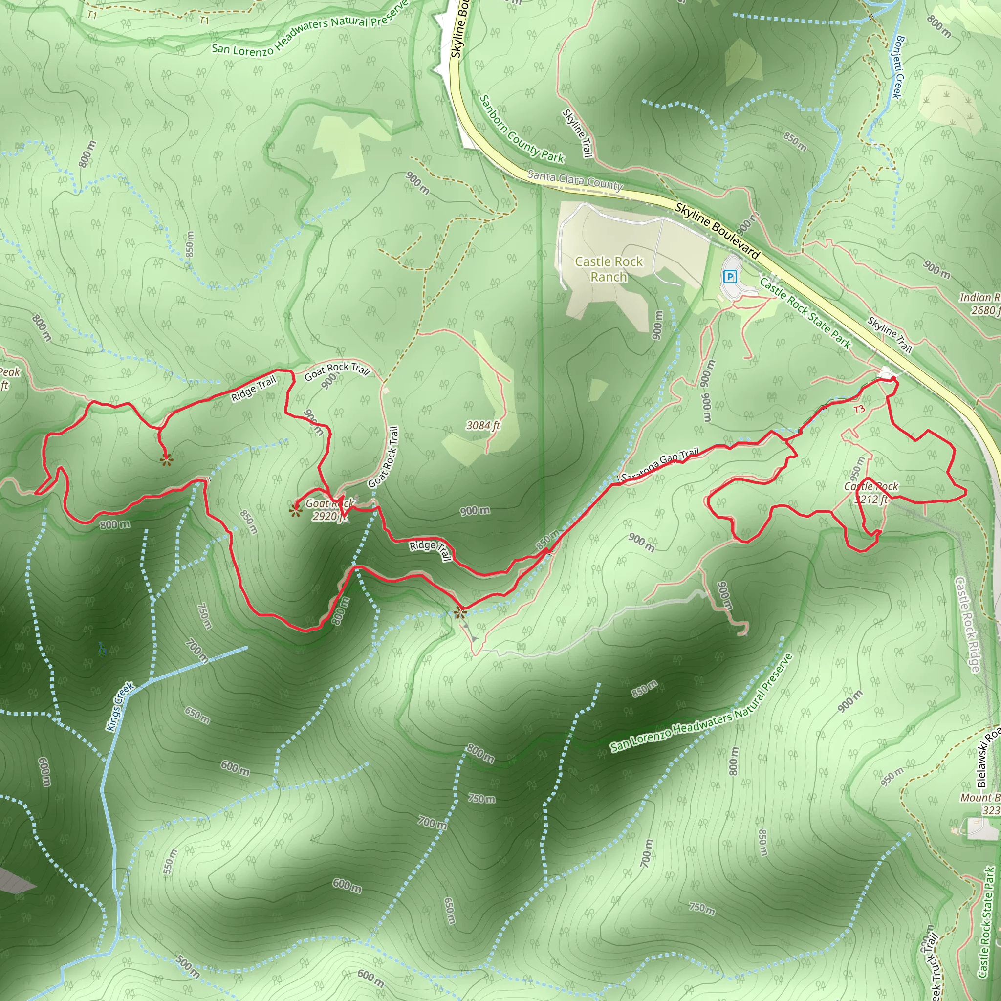 Goat Rock, Castle Rock and Varian Peak via Saratoga Gap Trail mobile static map