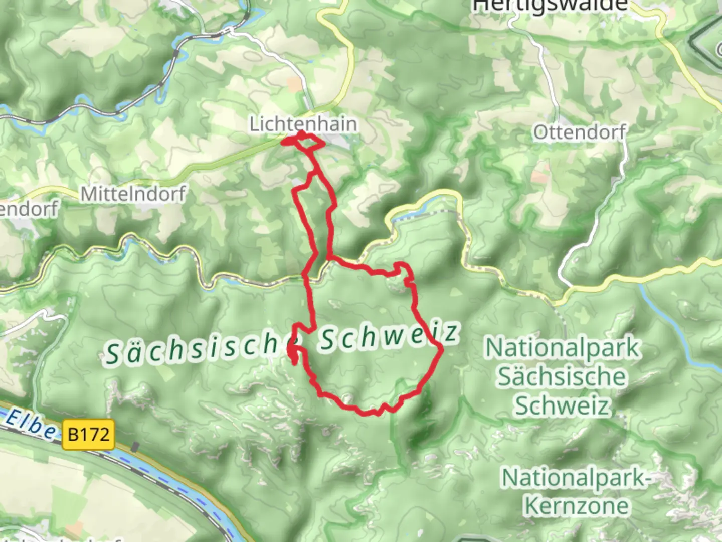 An image depicting the trail Gelber Punkt and Malerweg and its surrounding area.