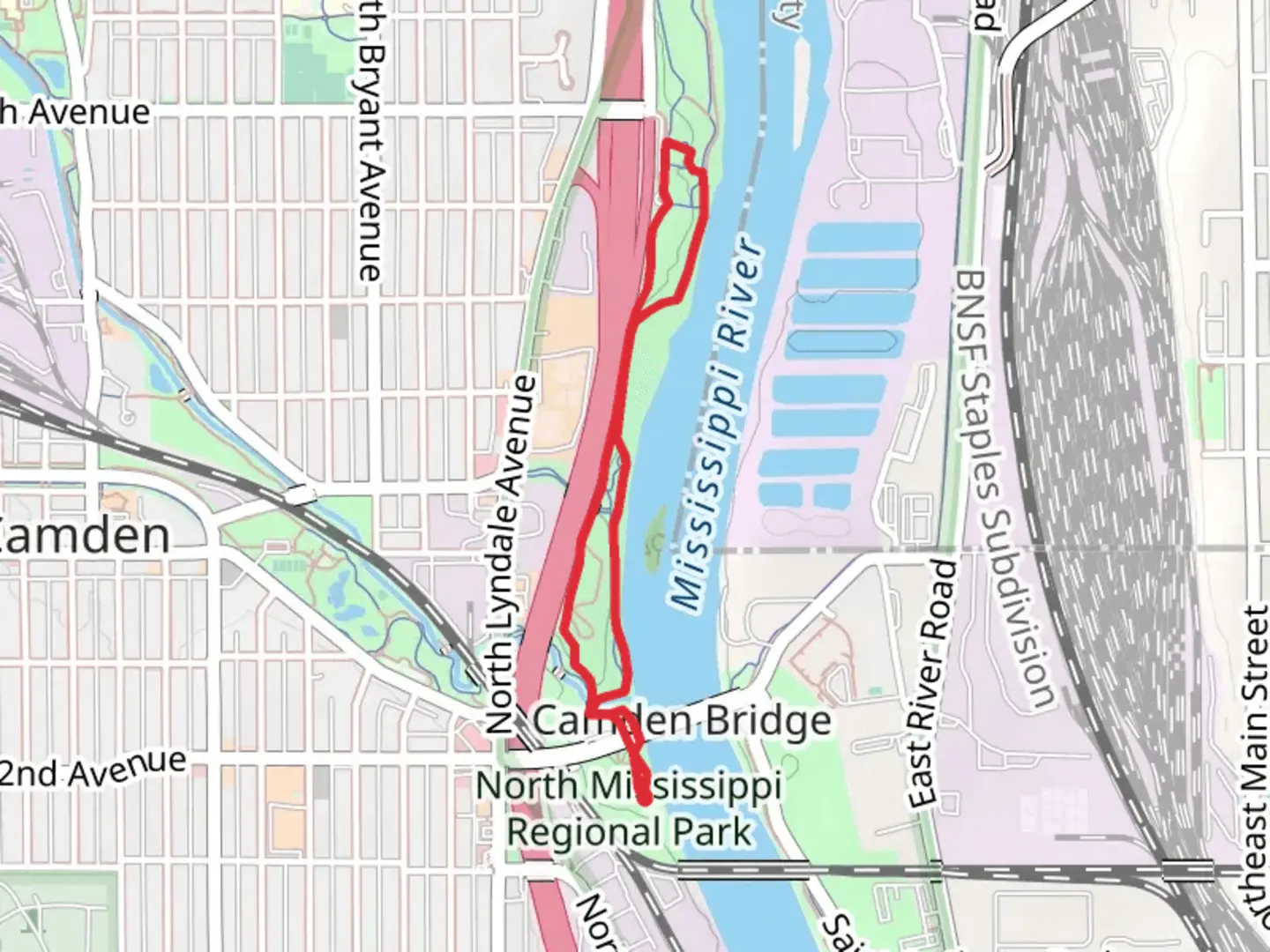 An image depicting the trail North Mississippi Park Loop Trails and its surrounding area.