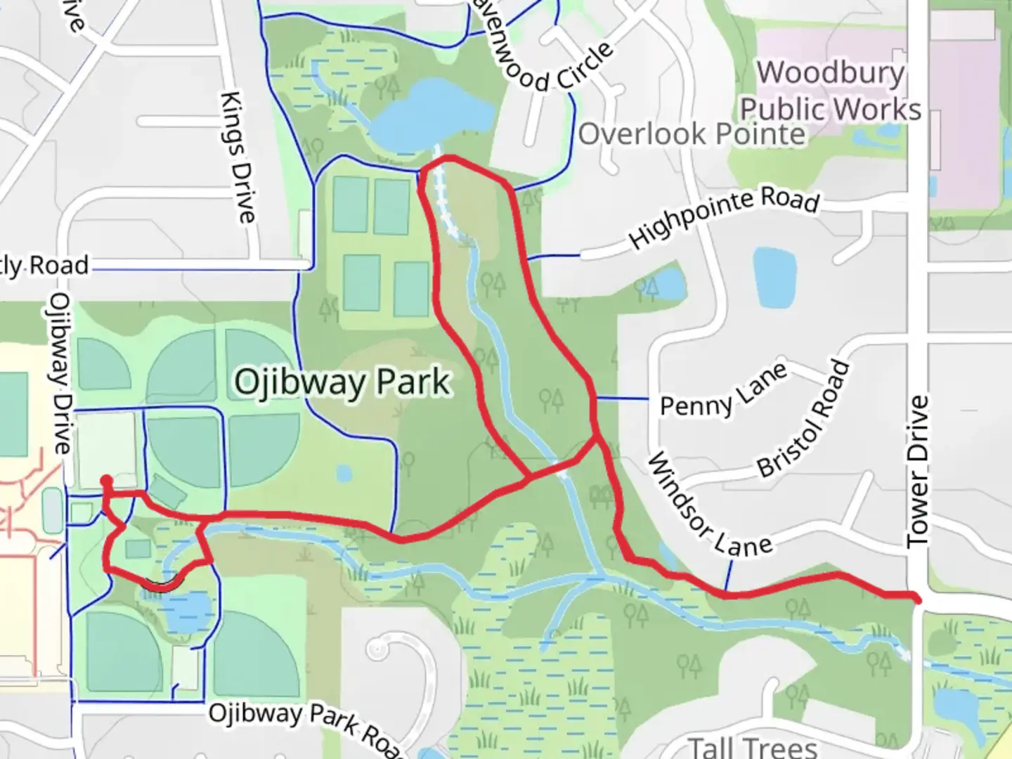 An image depicting the trail Ojibway Park Loop and its surrounding area.