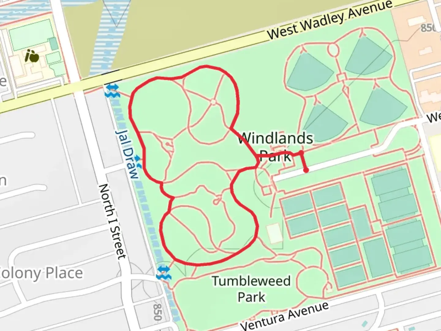 An image depicting the trail Windlands Park Loop and its surrounding area.