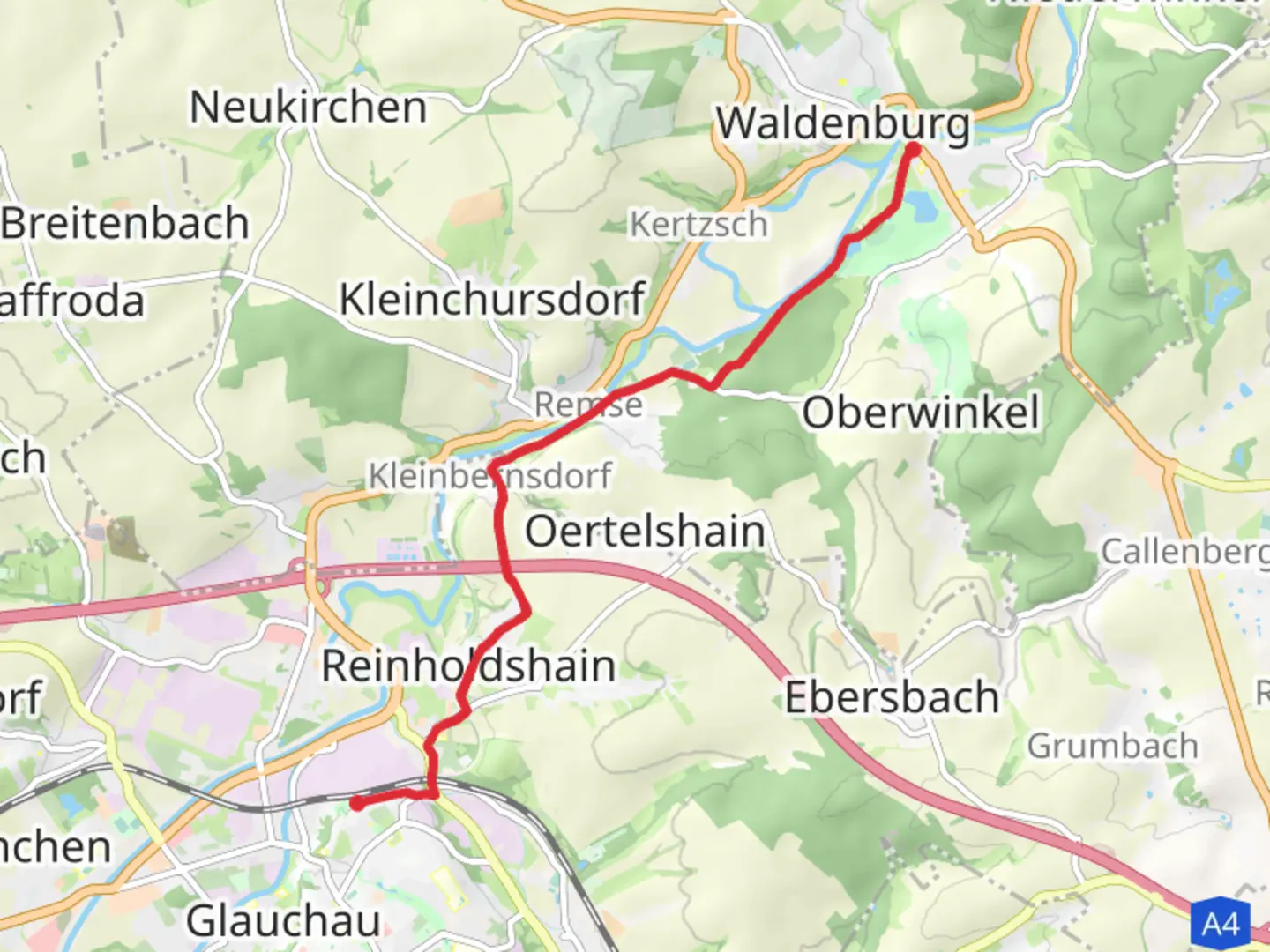 An image depicting the trail Glauchau to Waldenburg via Lutherweg and its surrounding area.