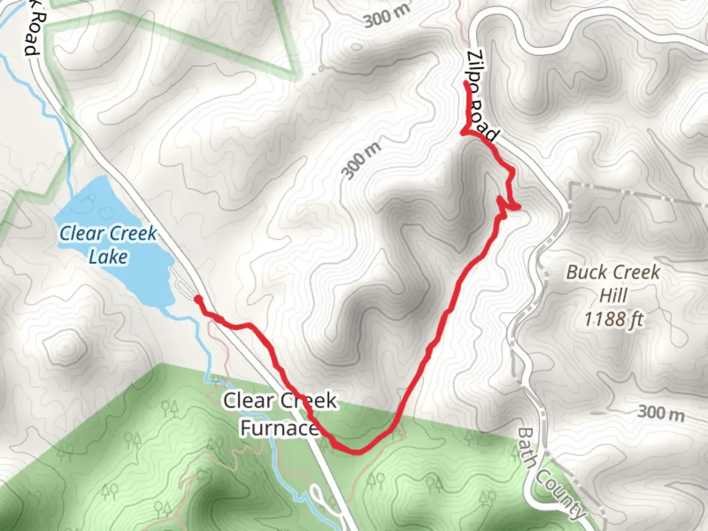 An image depicting the trail Sheltowee Trace Short Trail from Clear Creek Lake and its surrounding area.