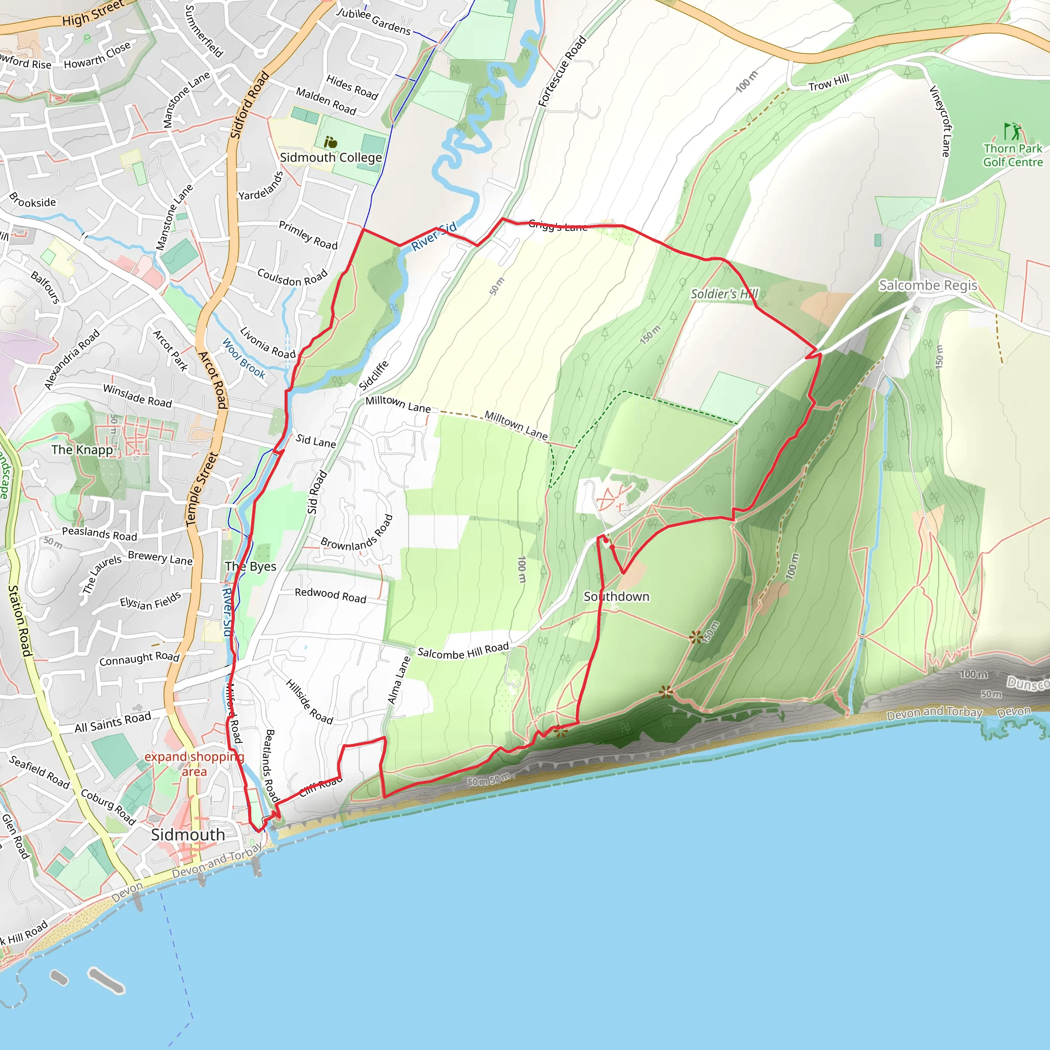 Salcombe Hill to Sidmouth Circular Walk mobile static map