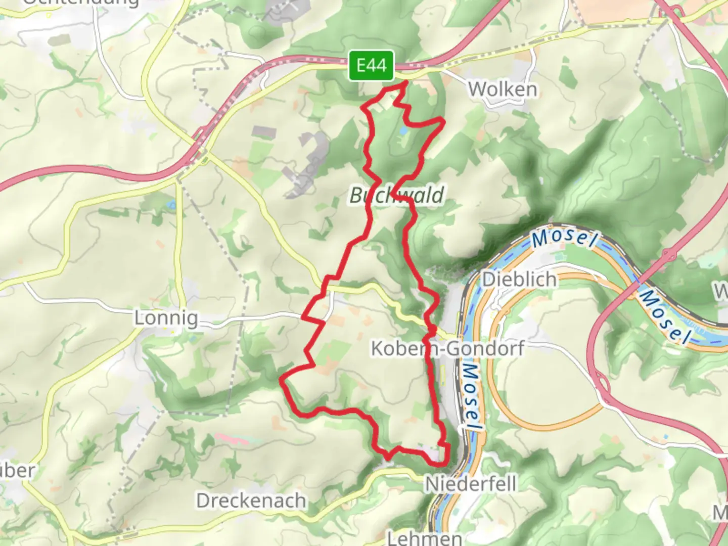 An image depicting the trail Kobern Gondorf and Buchwald Loop and its surrounding area.