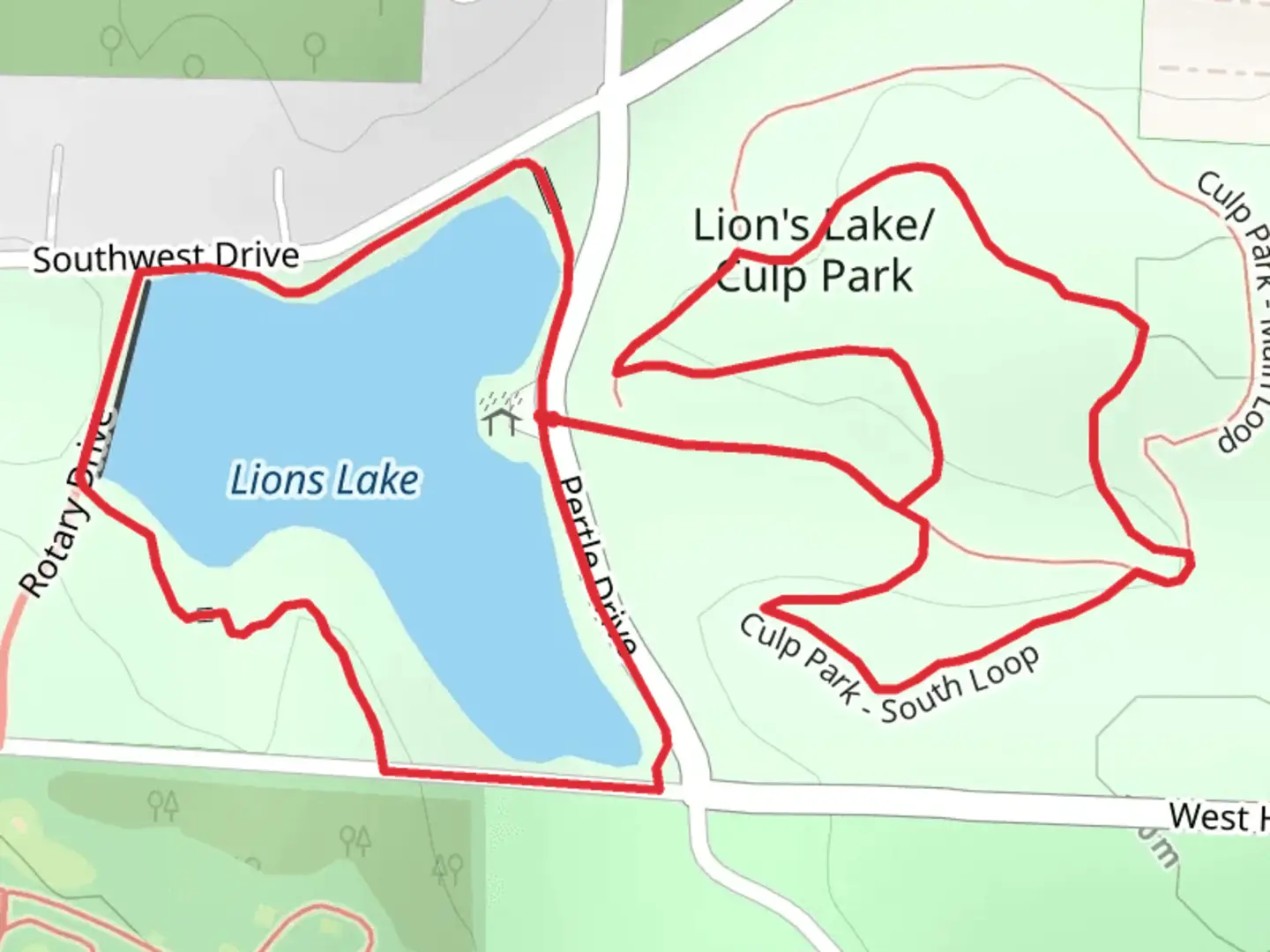 An image depicting the trail Lions Lake and Culp Park Loop and its surrounding area.