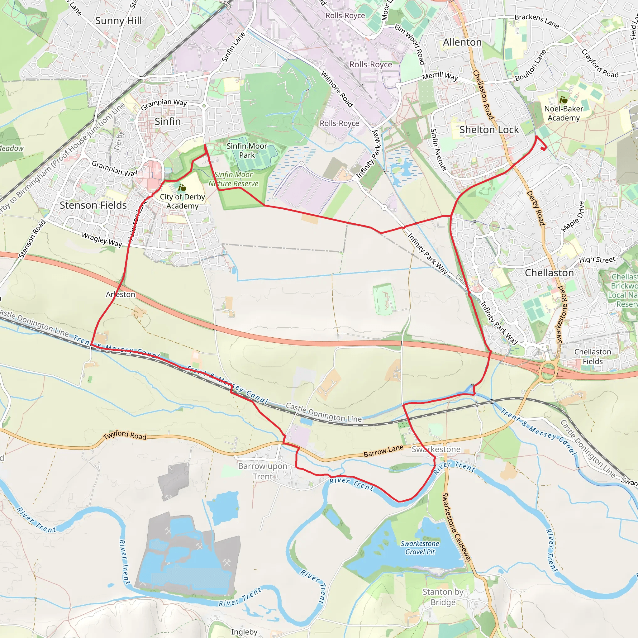 Sinfin Moor Nature Reserve and River Trent via Derby Canal mobile static map