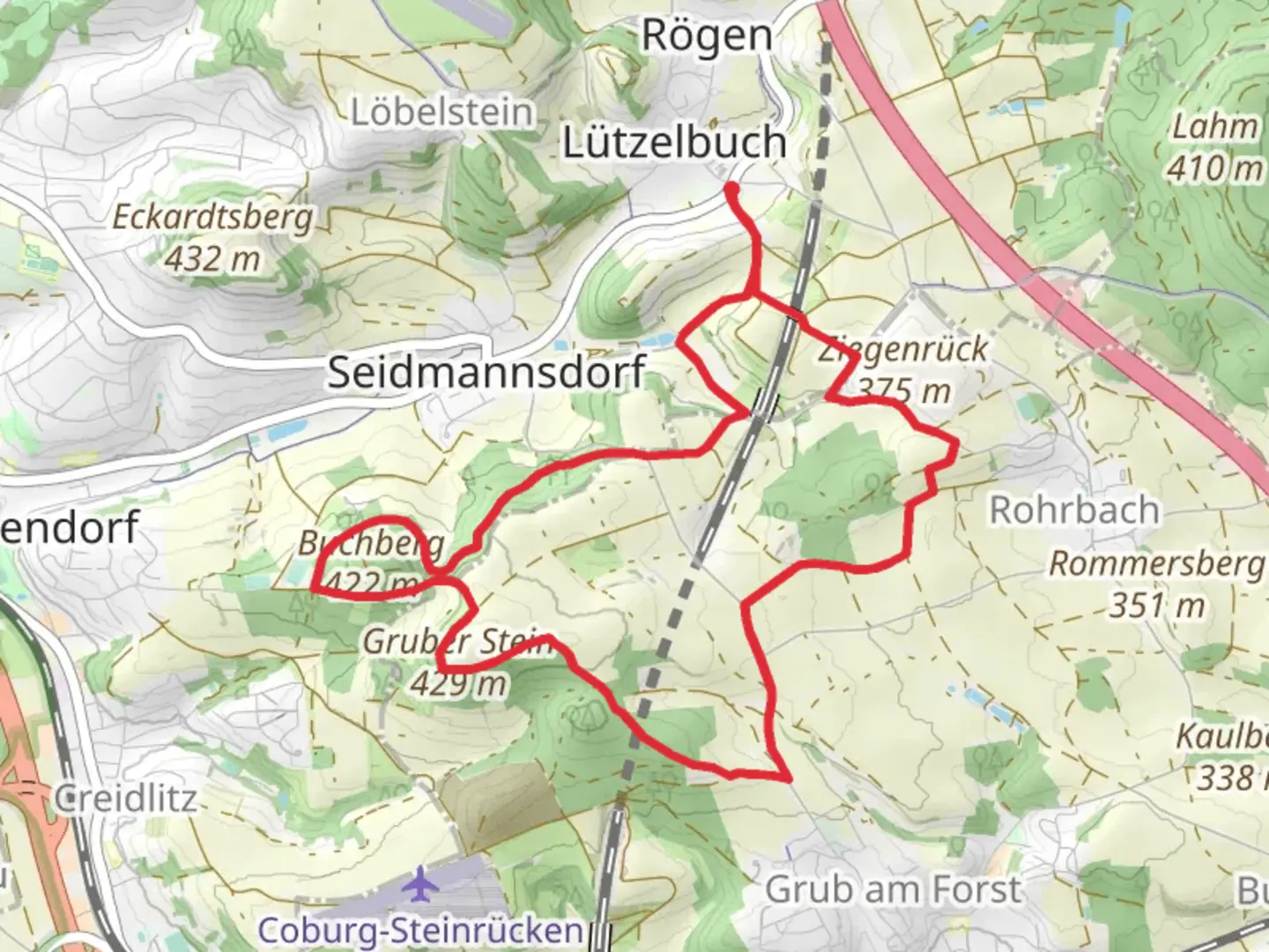 An image depicting the trail Coburger Rundwanderweg and Rundweg Grub and its surrounding area.