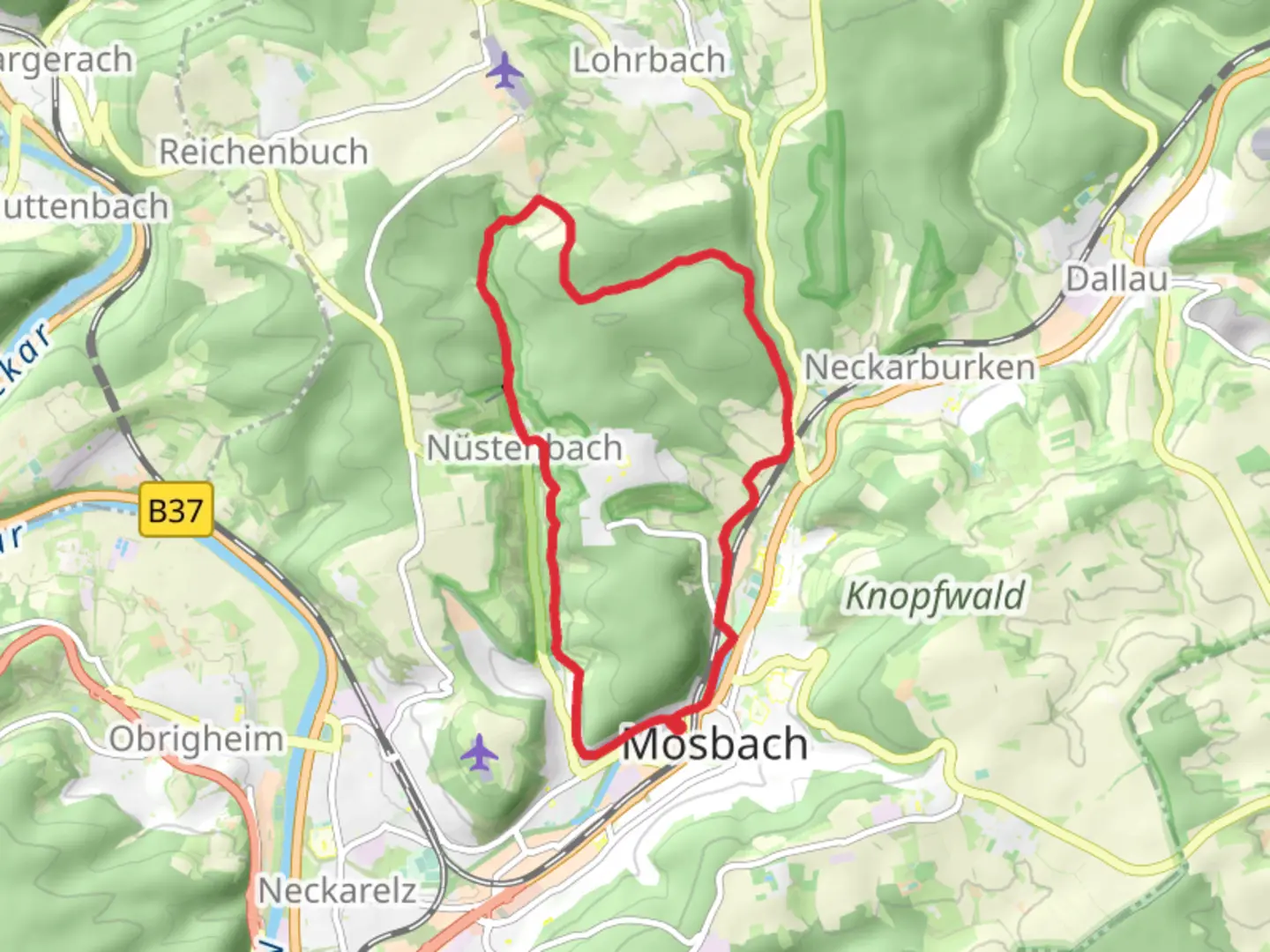 An image depicting the trail Hasbach Weg and Oberer Faerbersaeckerweg and its surrounding area.