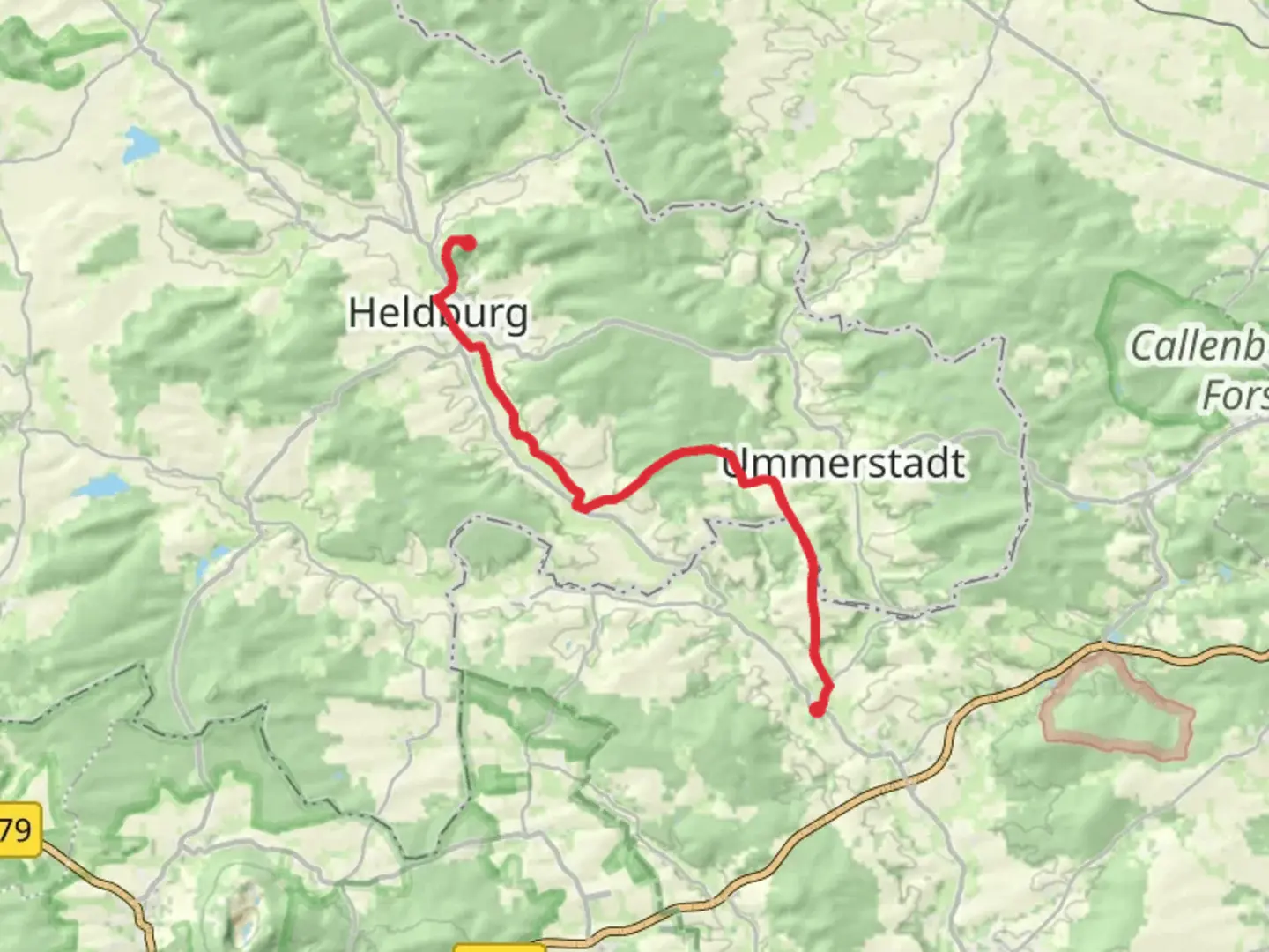 An image depicting the trail Gemünda to Heldburg Fortress via Zweilaenderweg Rodachtal and its surrounding area.