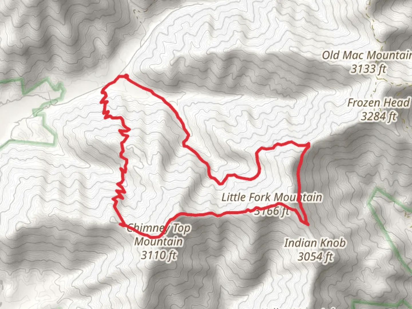 An image depicting the trail Spicewood, Little Fork Mountain and Chimney Top Loop Trail and its surrounding area.